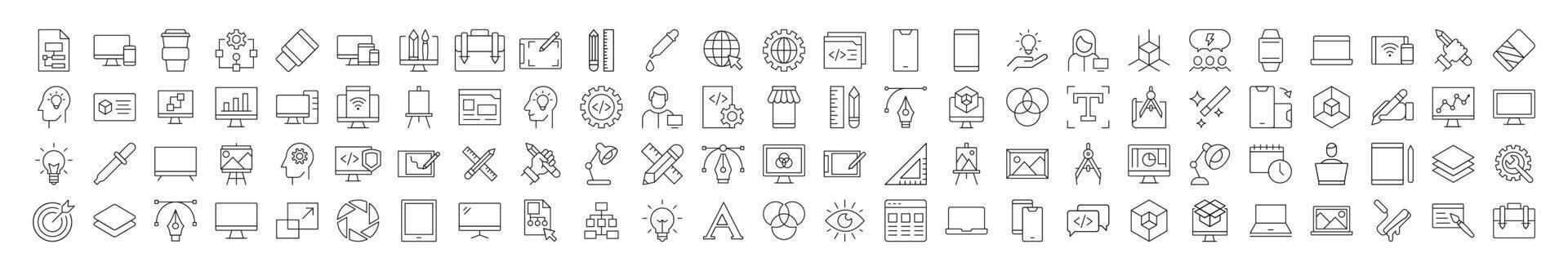 Collection of Icons of programming, coding, web design, engineering for Shops and Stores. Suitable for books, stores, shops. Editable stroke in minimalistic outline style. Symbol for design vector