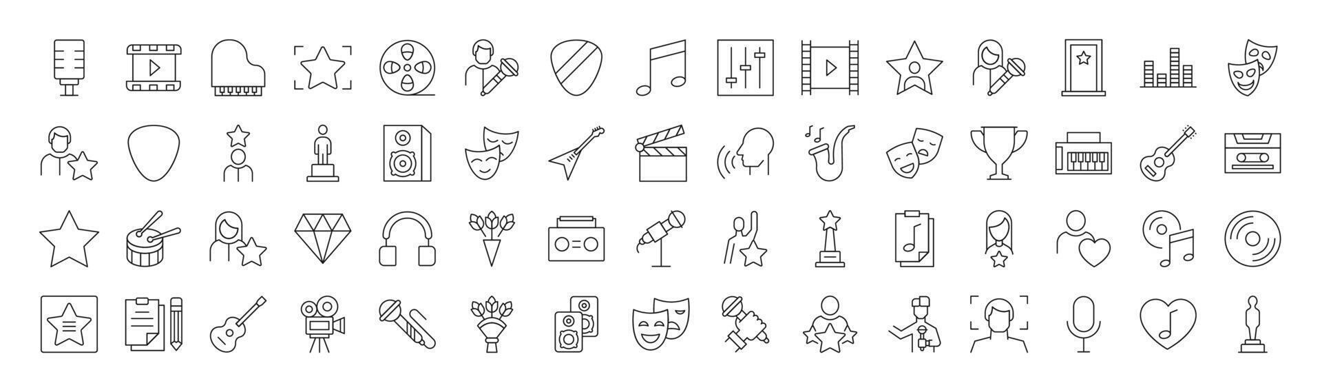 Collection of Line Icons of actor, singer, music and theatre. Suitable for books, stores, shops. Editable stroke in minimalistic outline style. Symbol for design vector