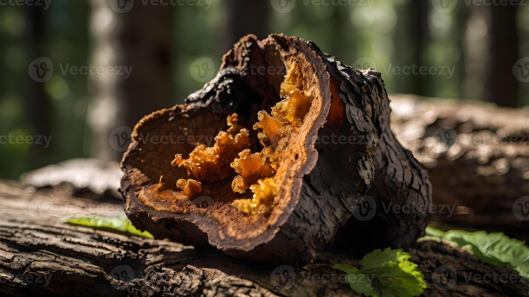 Sunlit Chaga Mushroom on Birch Log in Forest photo