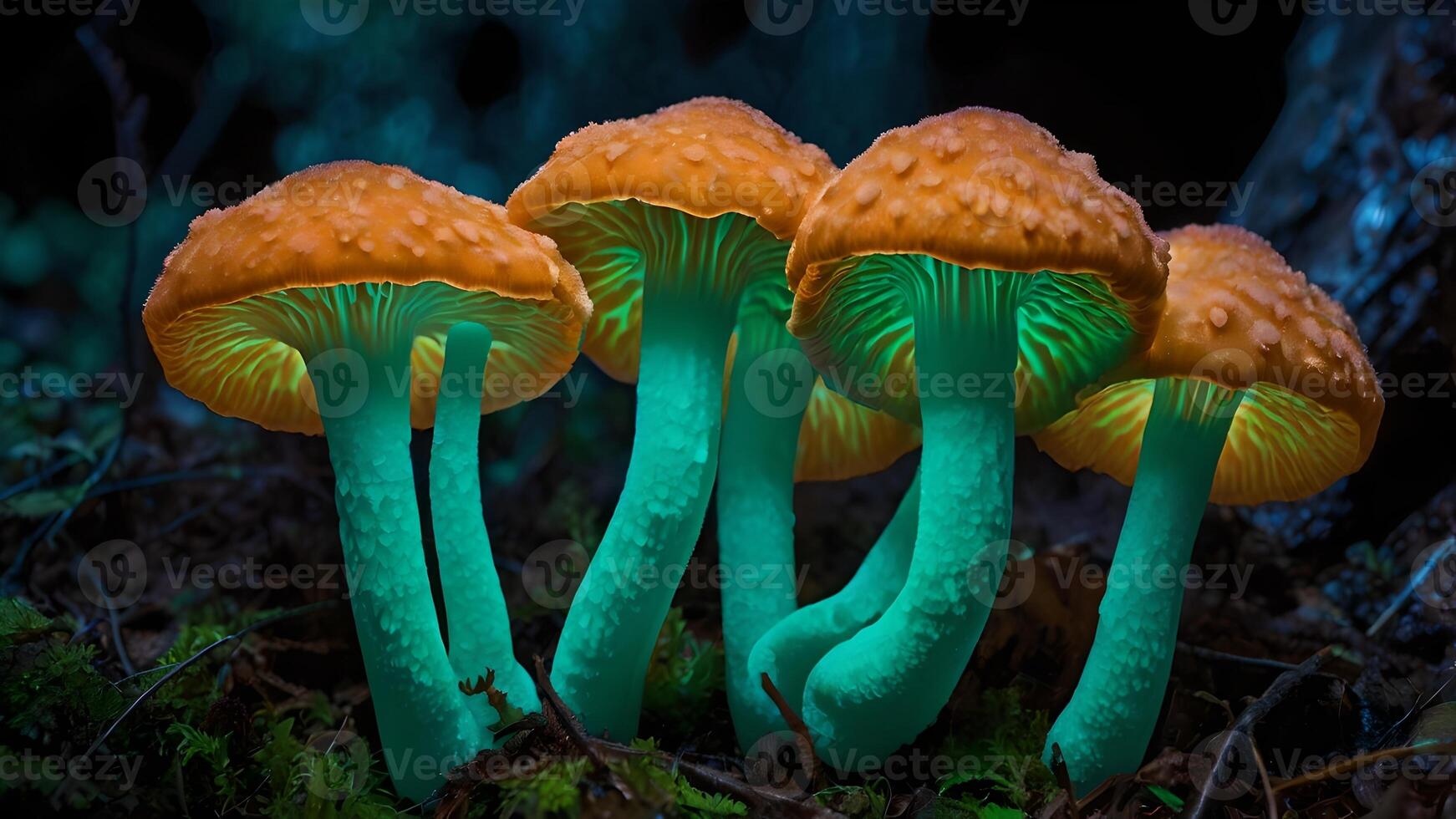 Bioluminescent Ghost Fungus Mushrooms Glowing in Dark Forest photo