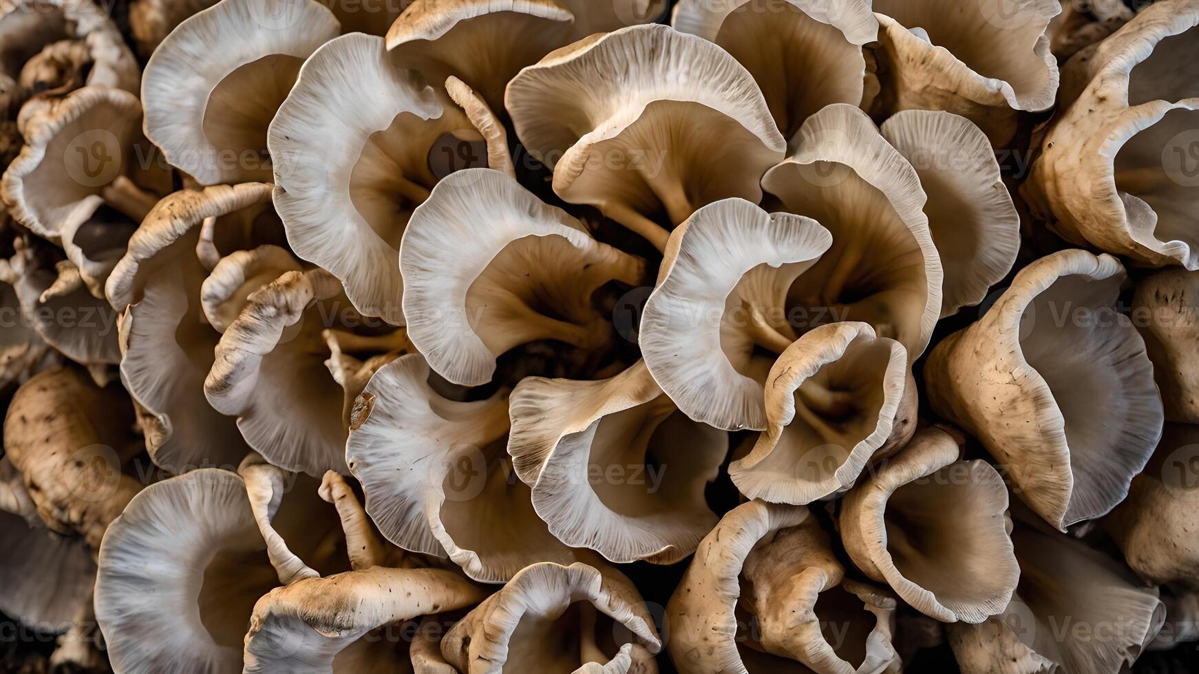 Close Up Of A Oyster Mushroom Cluster Underside Close Up photo