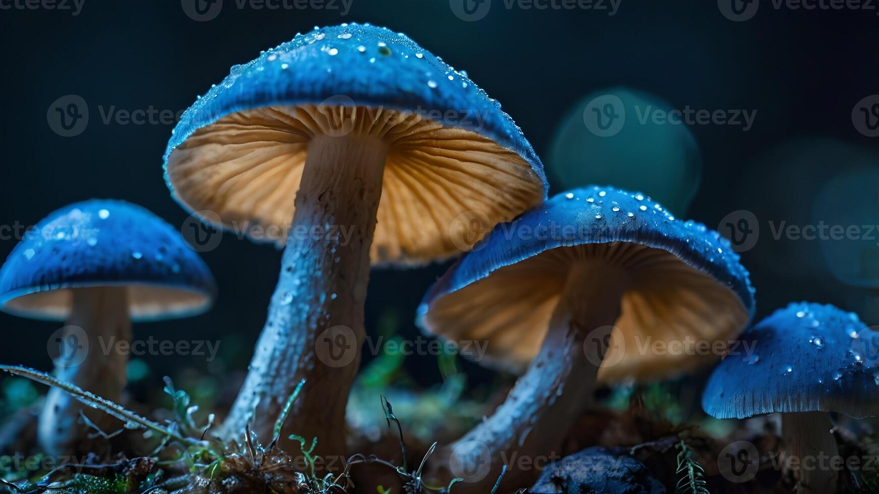 Mystical Blue Fungi Glow in Dark Forest photo
