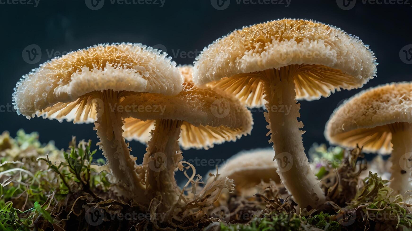 Enchanting Cluster of Delicate Orange Mushrooms in Mossy Forest photo
