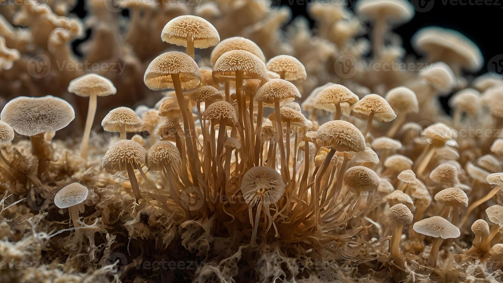 Cluster of Delicate Brown Mushrooms in Dark Forest Setting photo