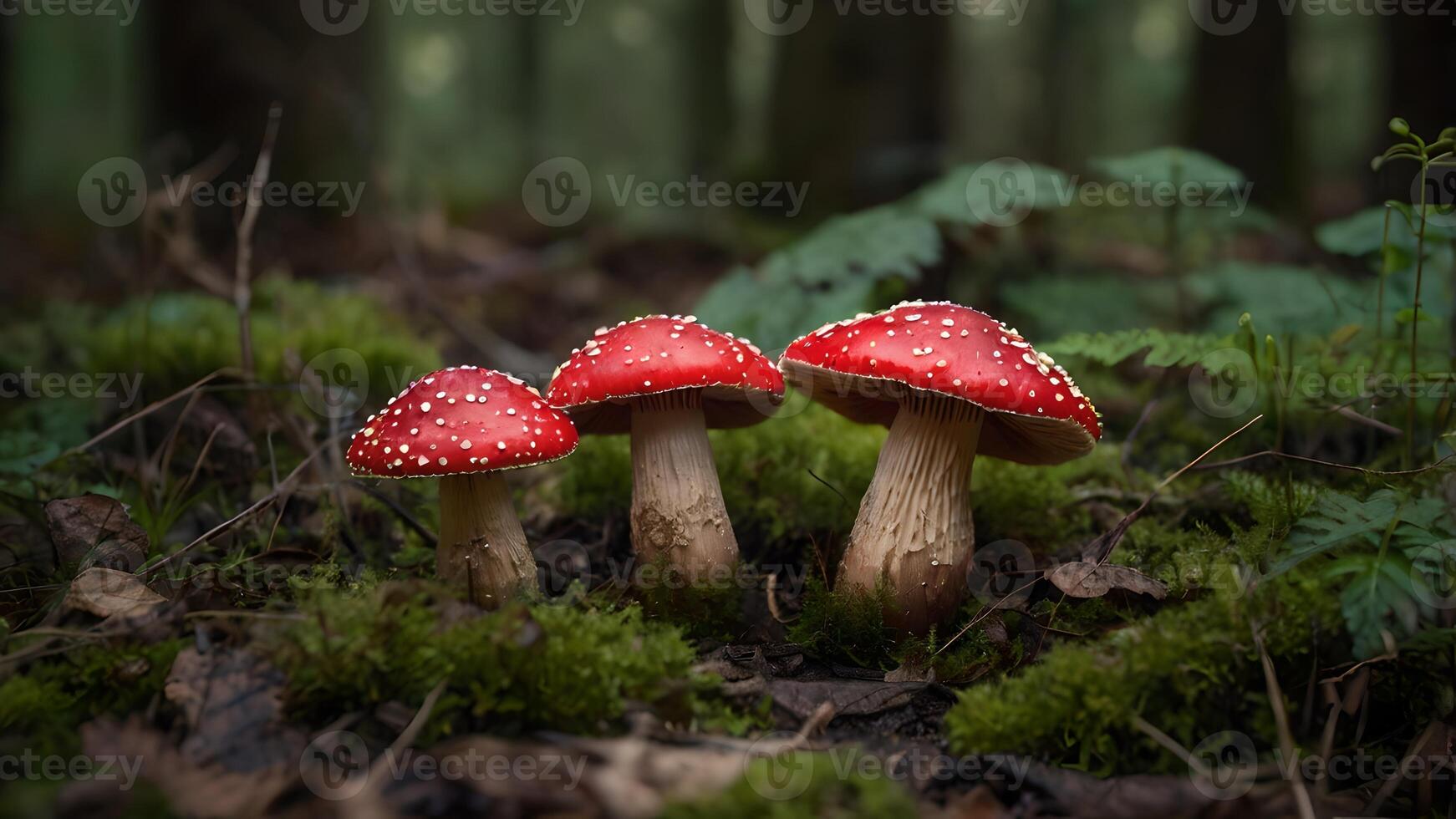 Trio of Red Toadstools in Mossy Forest photo