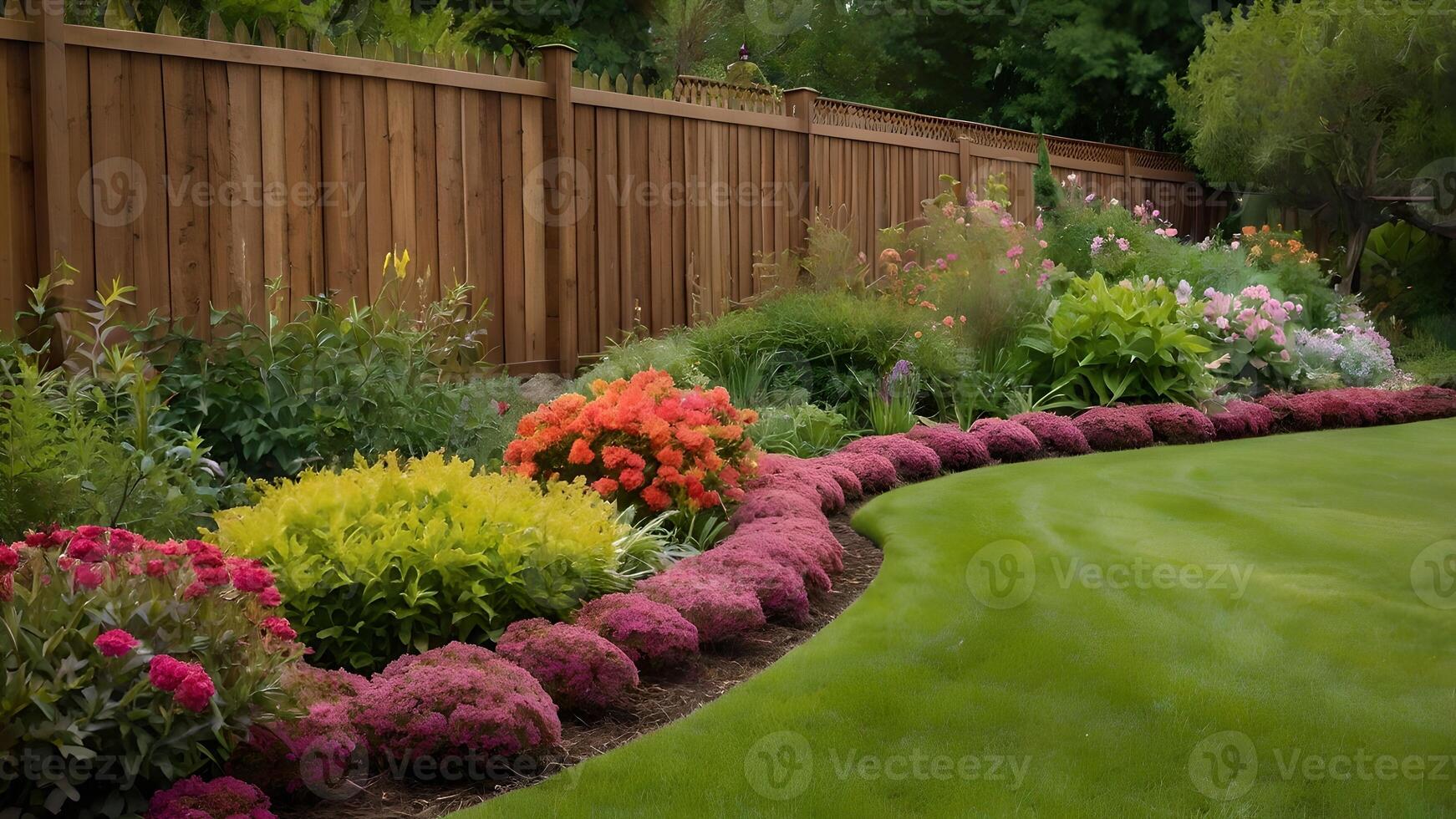 Beautiful Flower and Shrub Garden Border with Wooden Fence photo