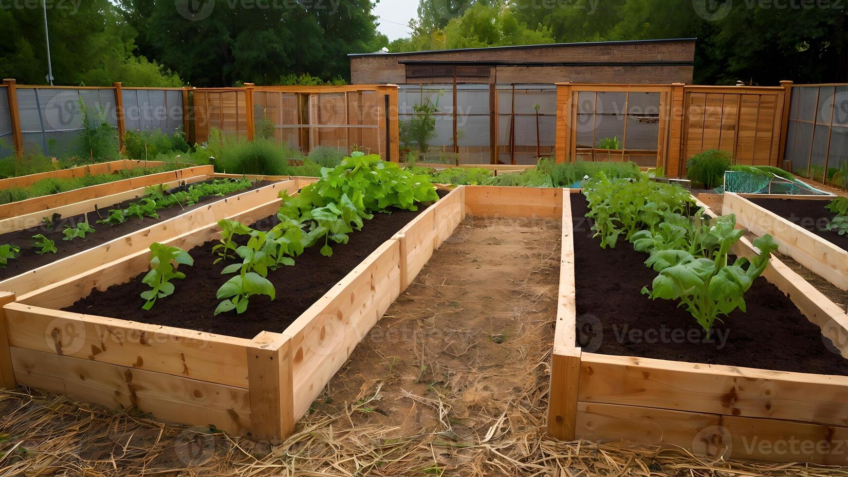 Thriving Community Garden with Raised Wooden Beds photo