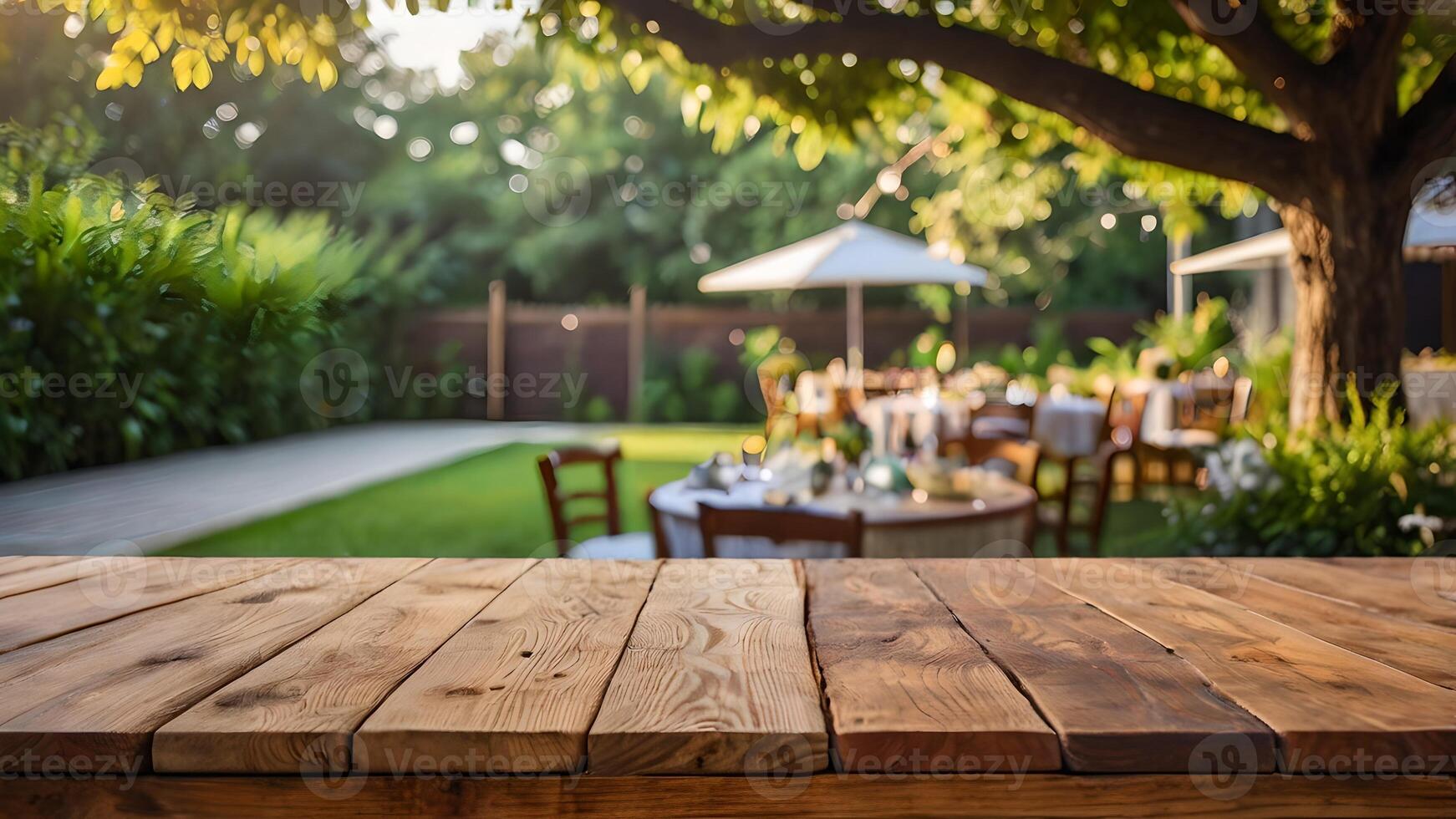 Rustic Wooden Table Garden Party Background photo