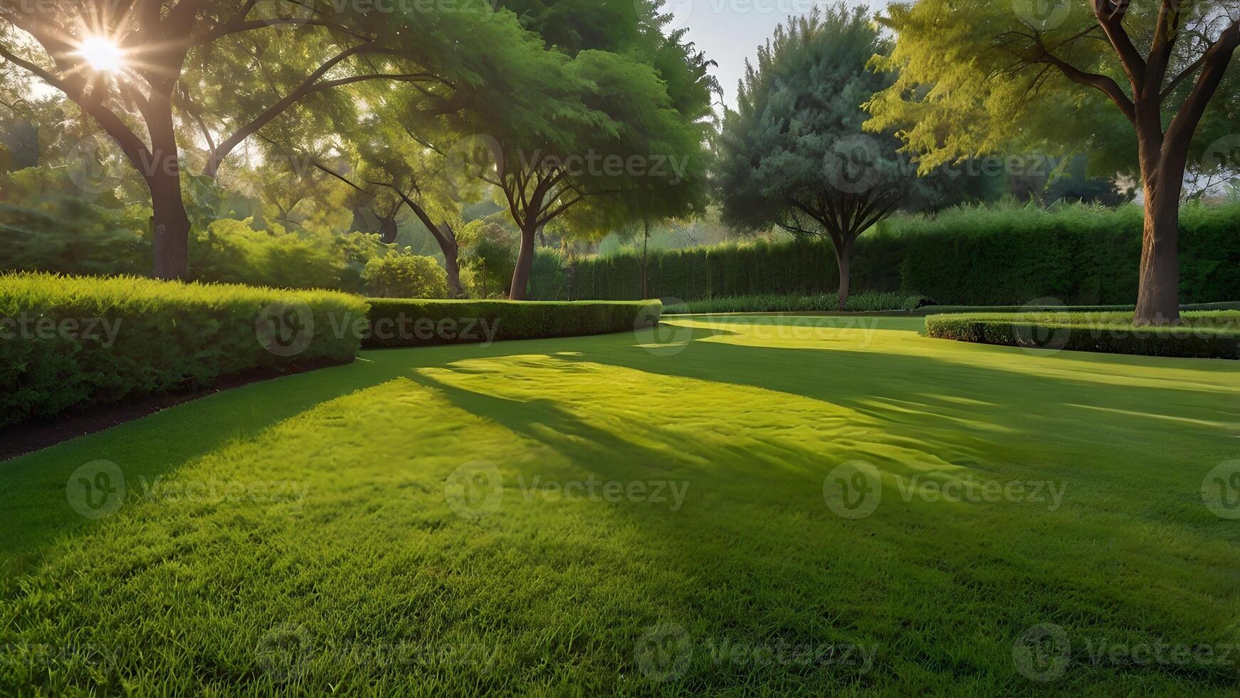 Serene Sunrise Over Lush Green Lawn and Manicured Gardens photo