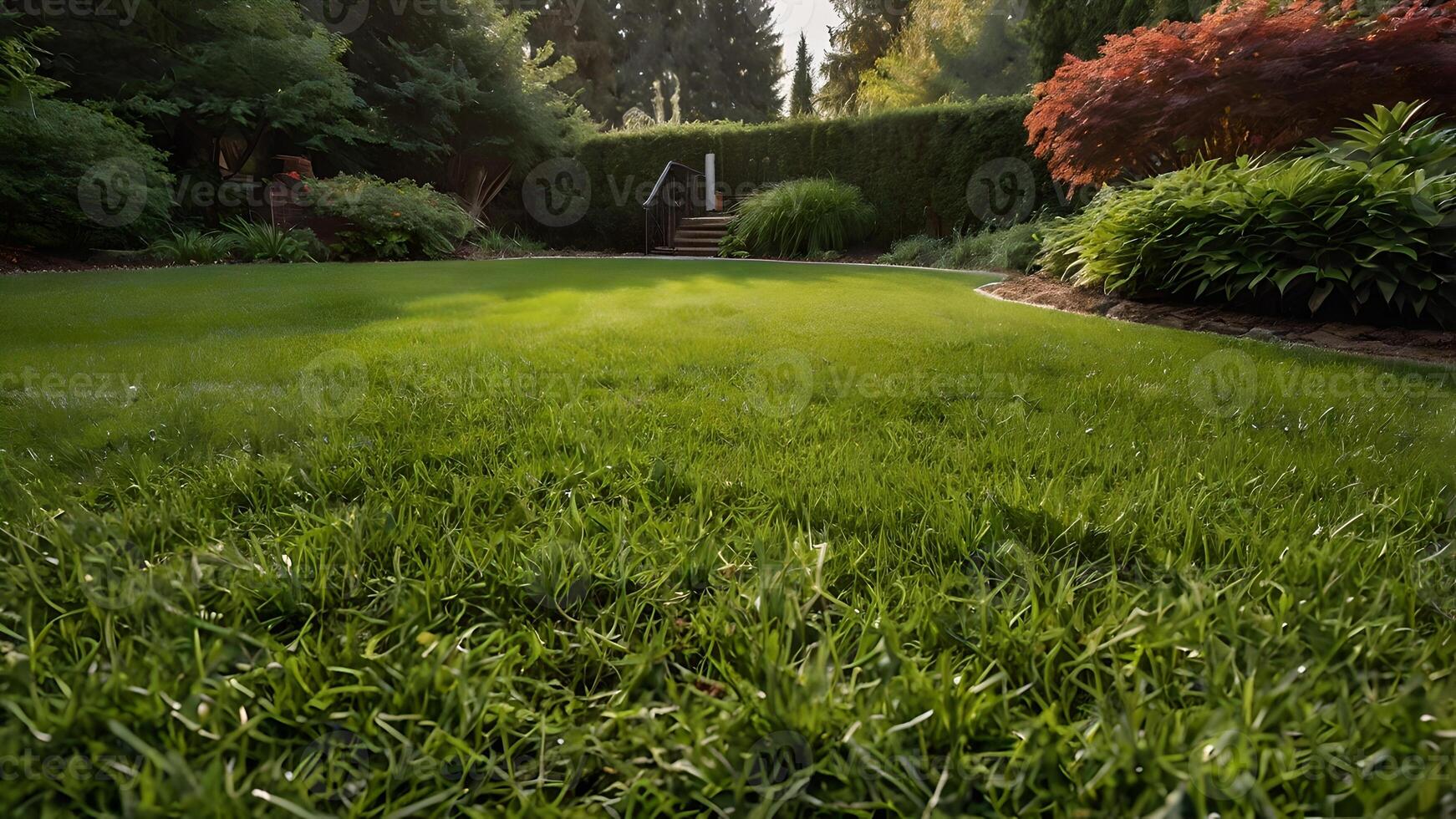 Lush Green Backyard Lawn with Well Maintained Landscaping photo