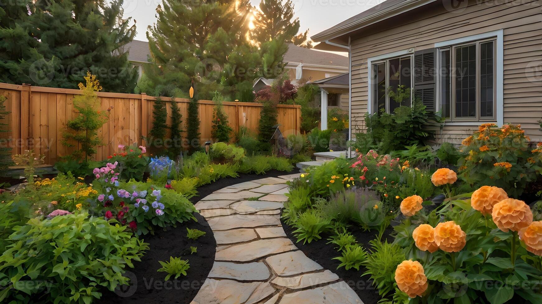 Serene Backyard Garden Path at Sunset photo
