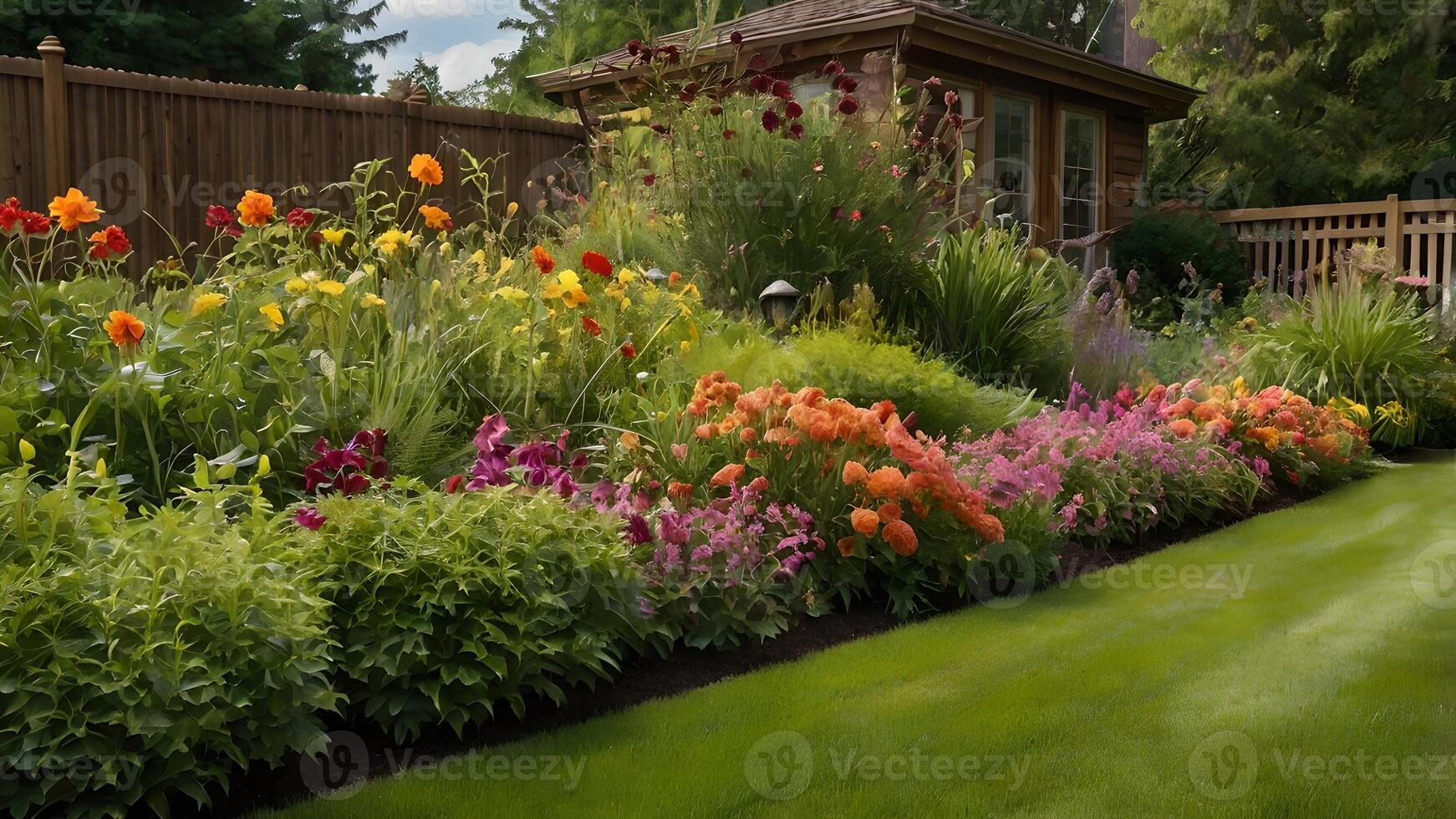 Vibrant Summer Garden Border with Cottage Style Shed photo