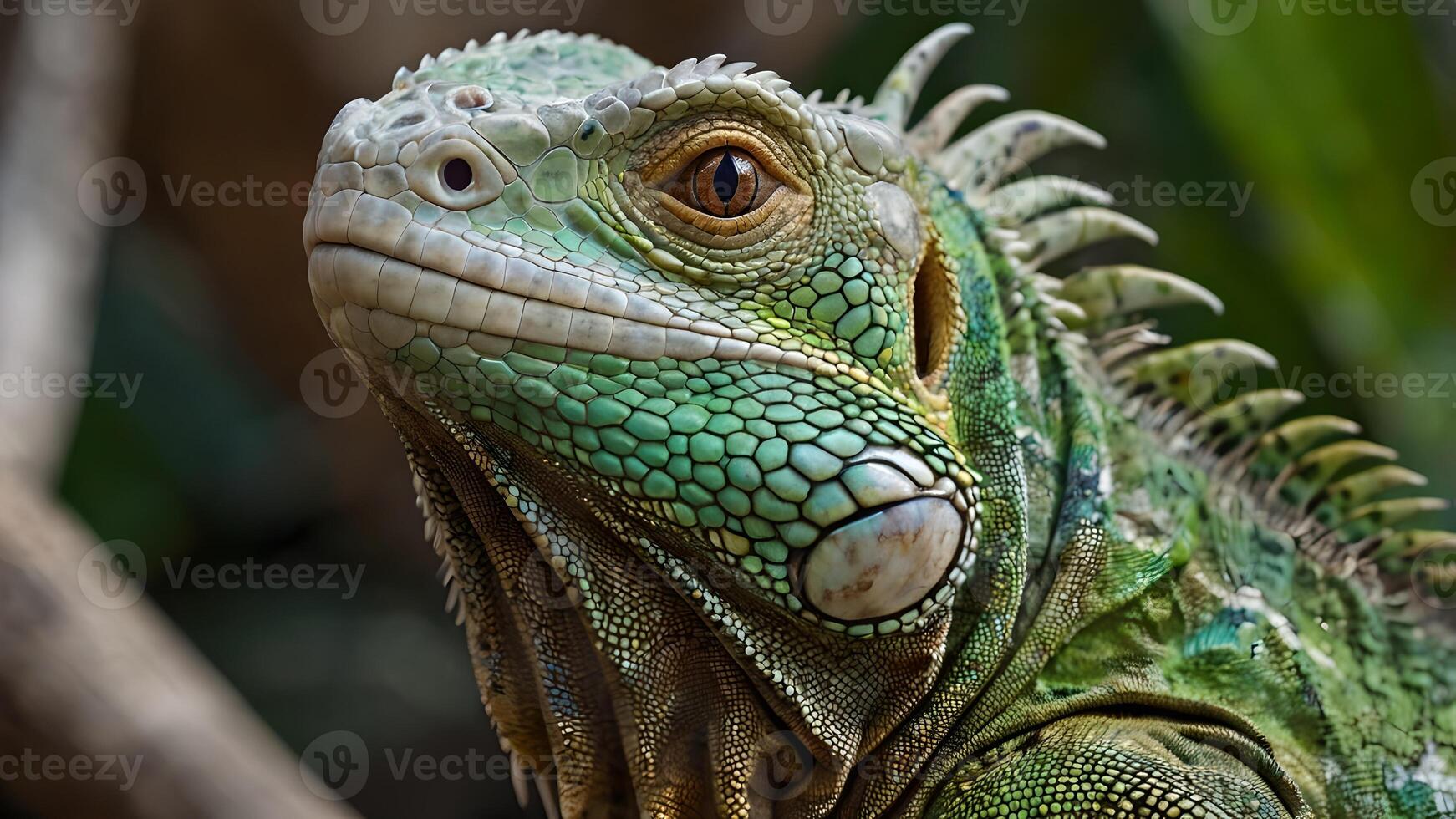 Close Up Portrait of a Green Iguana with Captivating Gaze photo