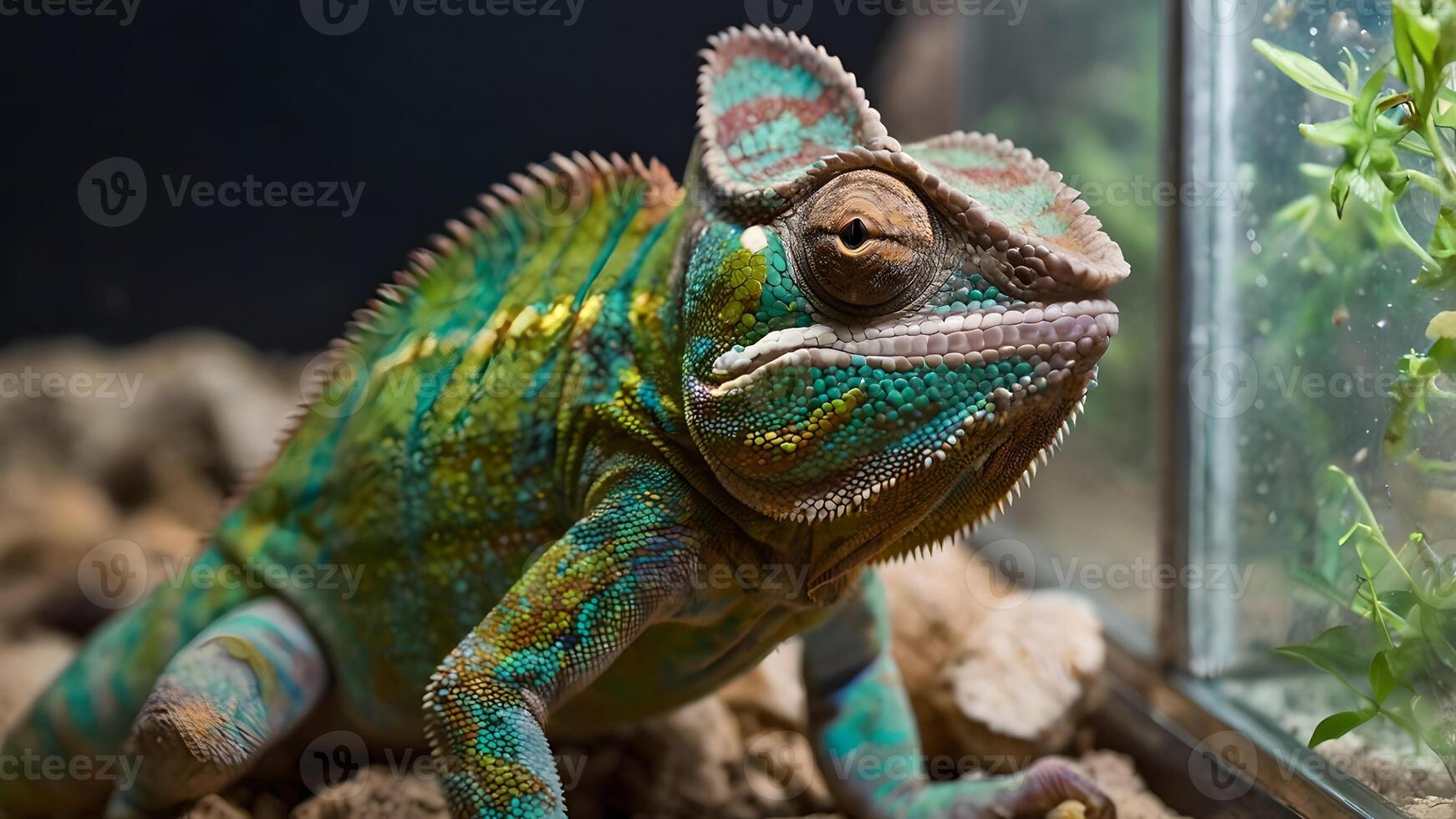 Vibrant Chameleon Perched in a Glass Terrarium, Displaying Striking Colors and Patterns photo