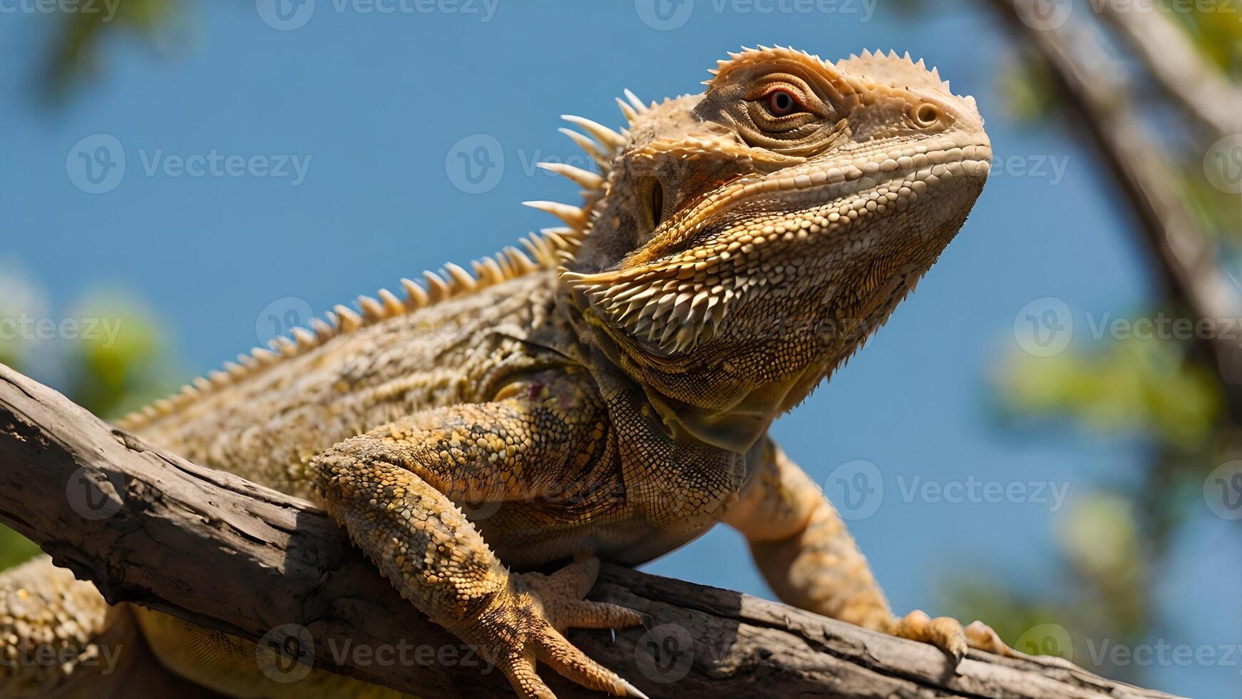 Bearded Dragon Lizard Relaxing On A Tree Branch In The Sun photo