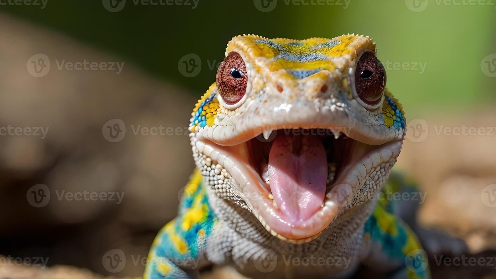 Colorful Gecko with Mouth Open and Tongue Extended photo