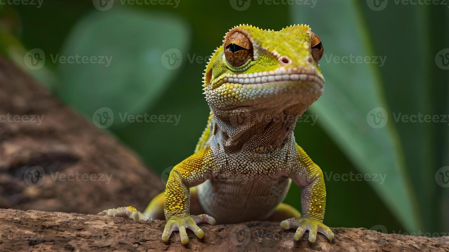 Closeup of a Green Gecko with Bright Yellow Spots on a Brown Branch photo