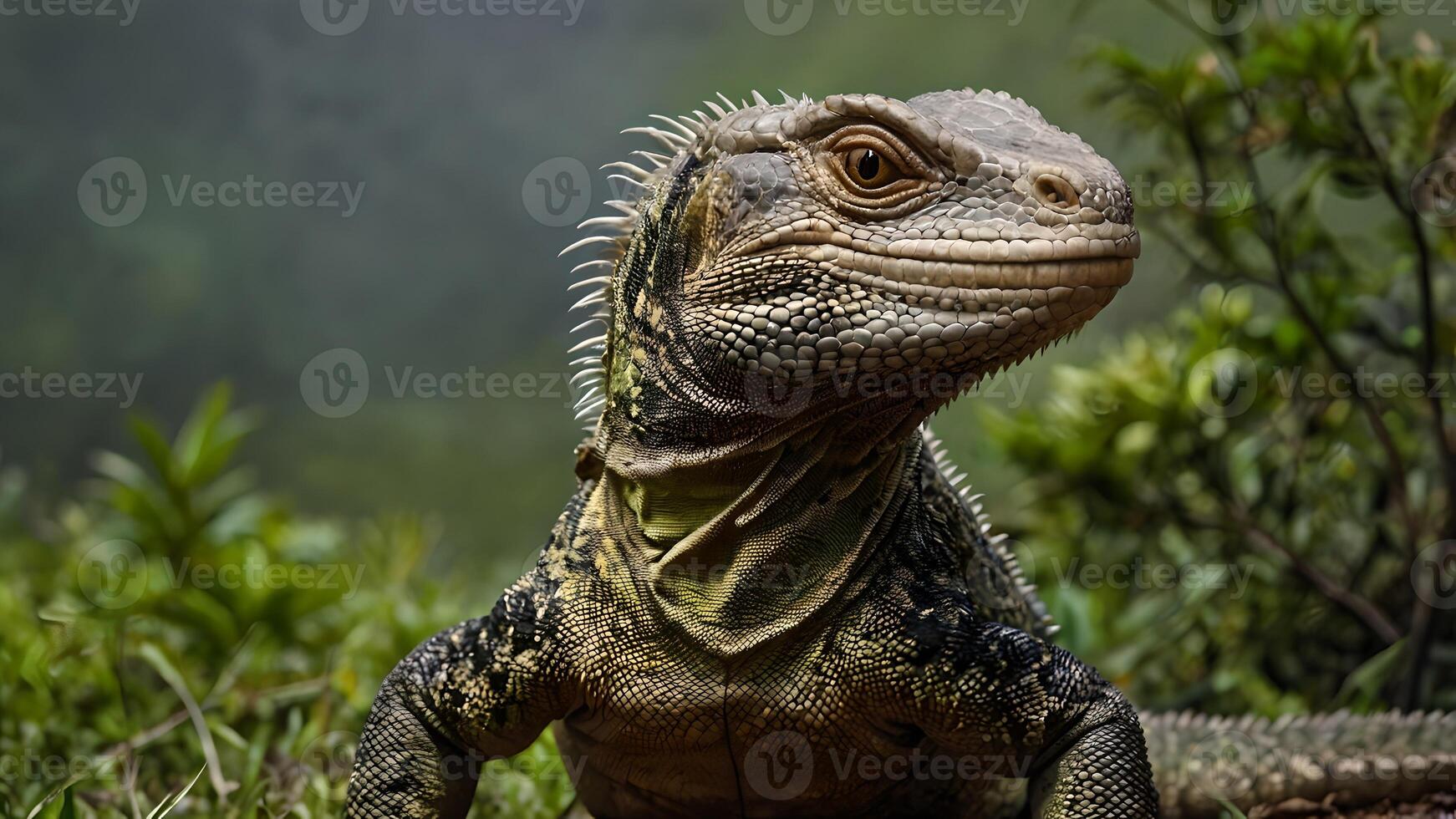 Green Iguana with Sharp Eyes and Spiky Crest in Green Foliage photo