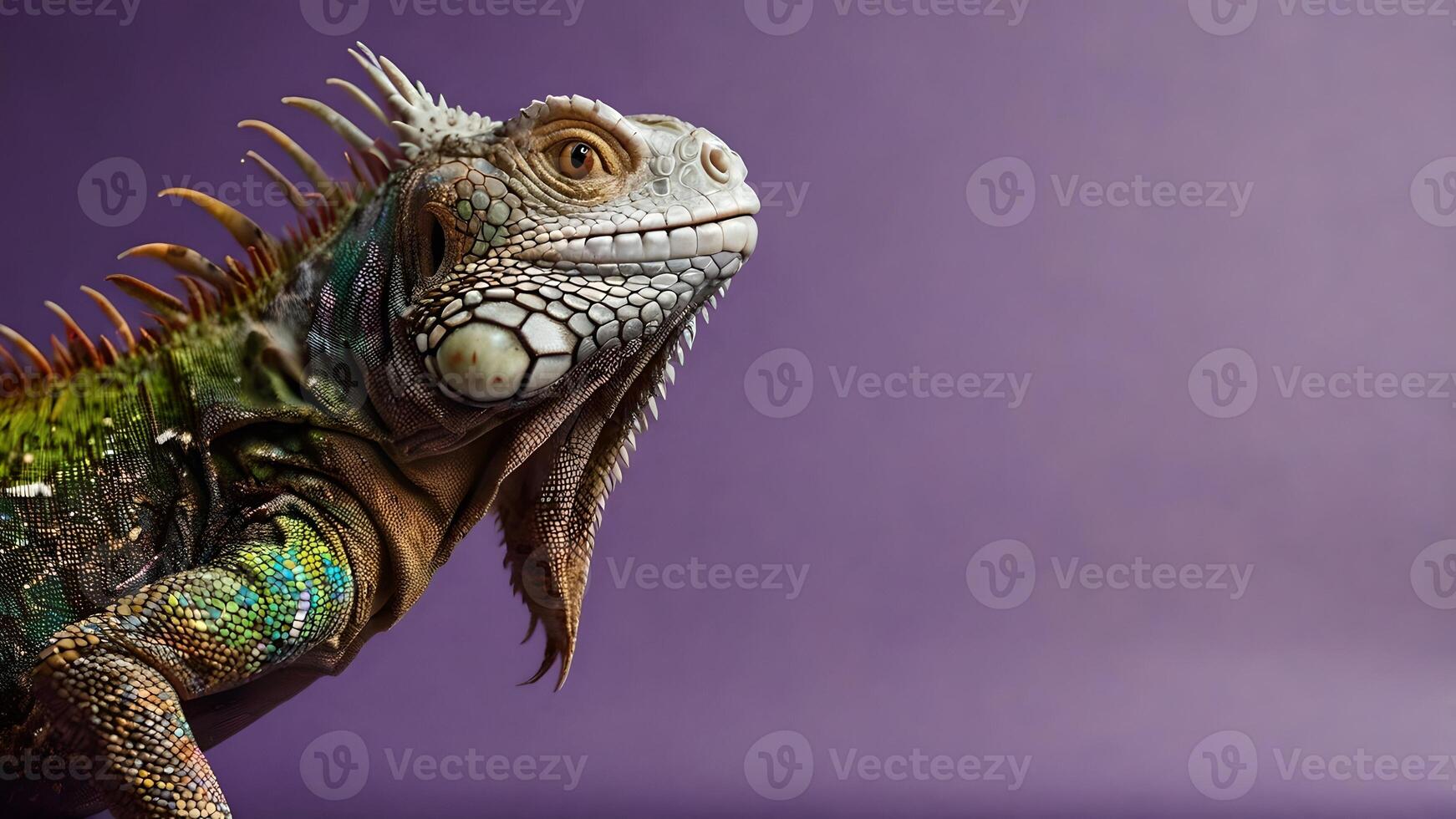 Green Iguana with Vibrant Scales Posing Against Purple Background with Copy Space photo