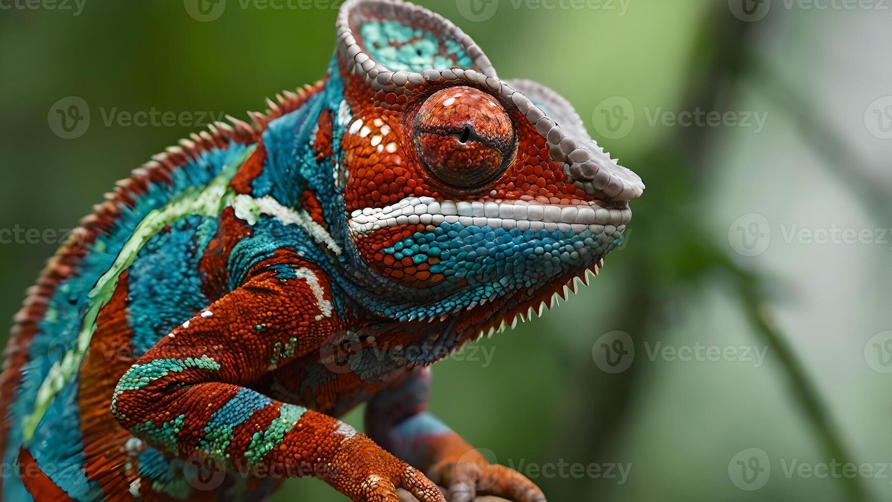 A Vibrant Chameleon Perched on a Branch, Displaying Its Colorful Skin and Striking Eyes photo