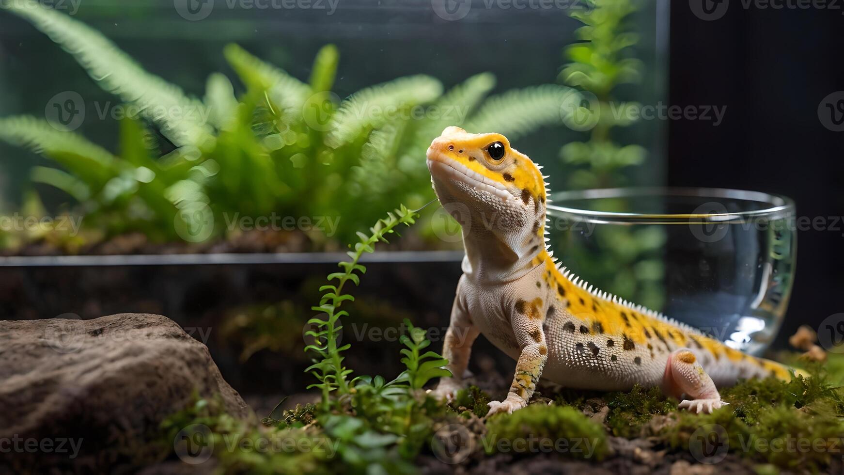 Leopard Gecko Drinking Water in Terrarium photo