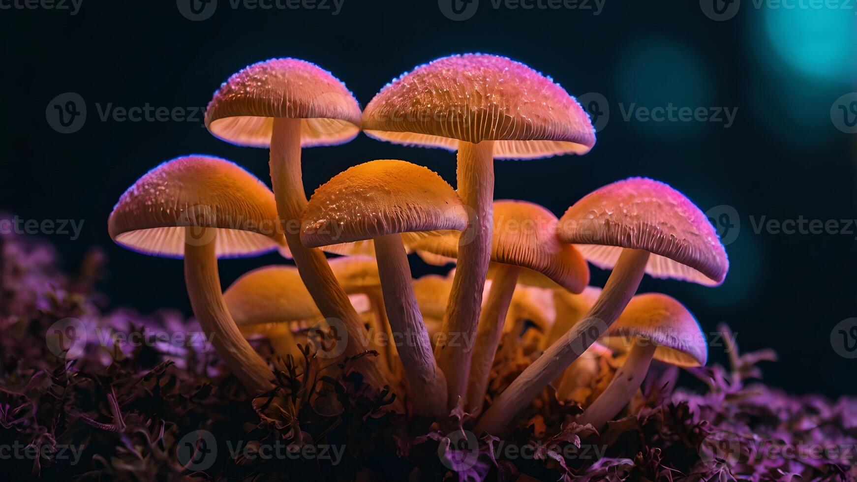 Neon Lit Cluster of Mushrooms in Dark Forest photo