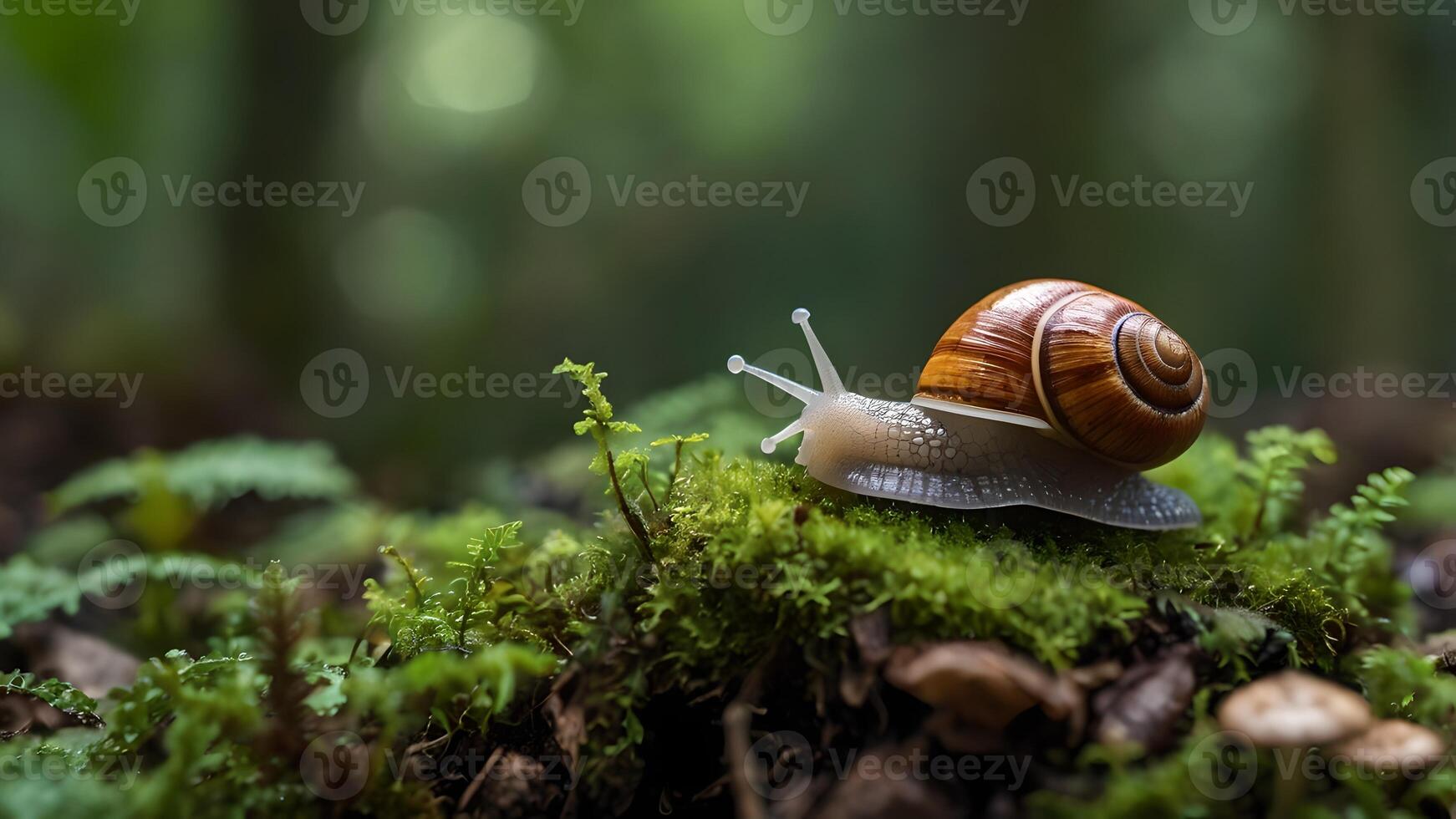 Snail Crawling on Moss in Lush Indonesian Forest photo
