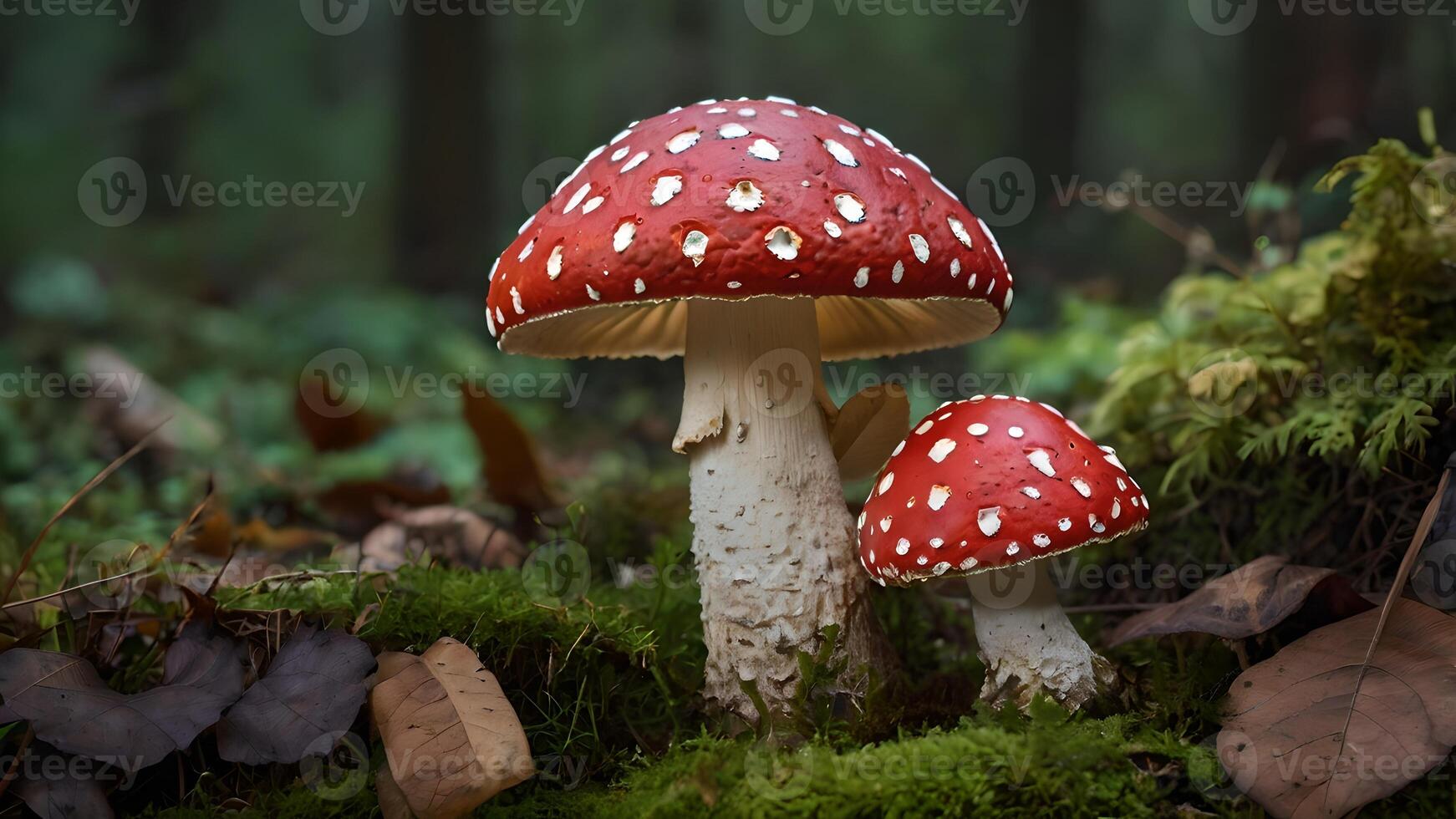 Enchanting Red Mushrooms in Autumn Forest photo