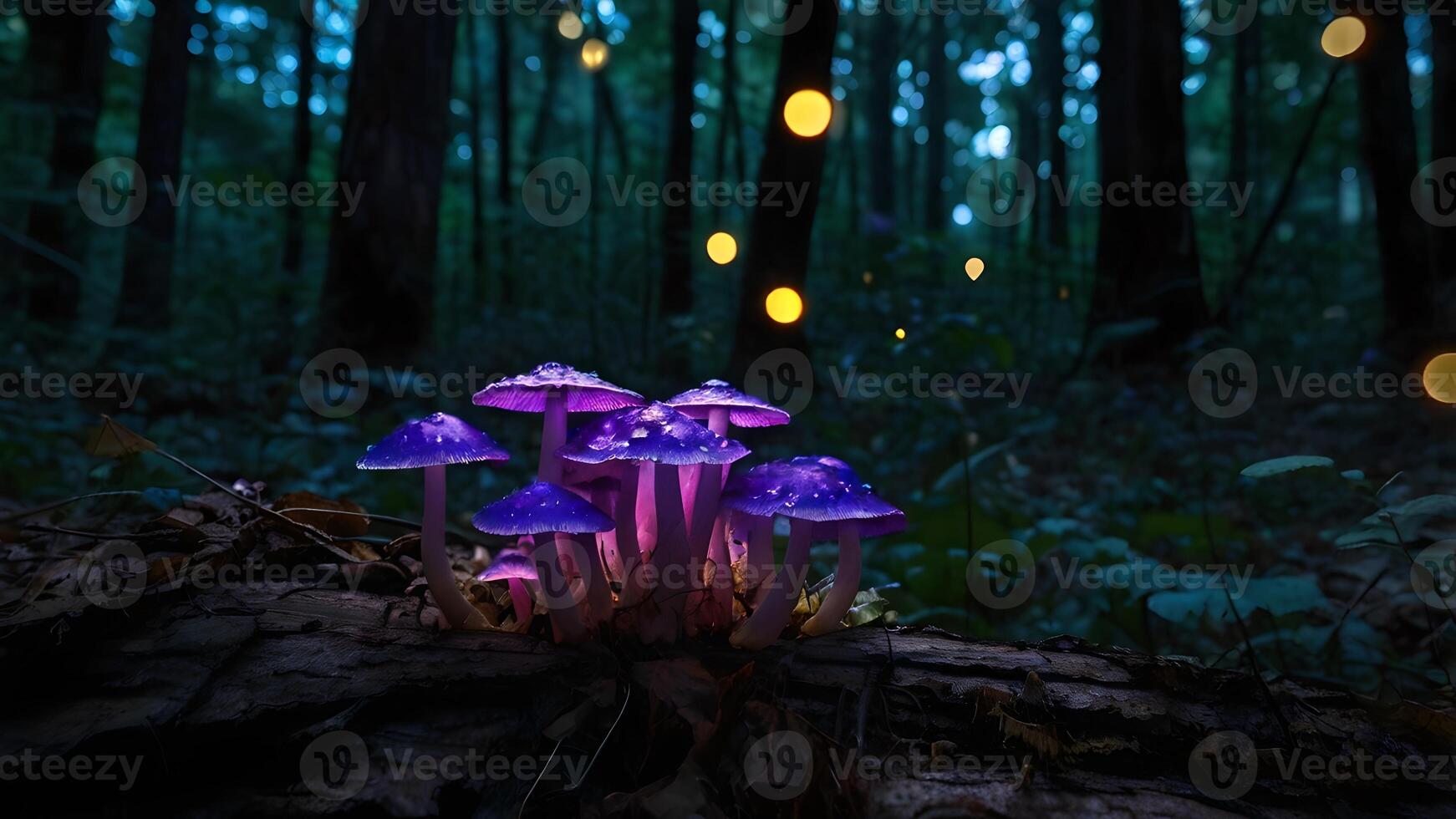 Enchanting Violet Mushrooms Glowing in Dark Forest with Fireflies photo