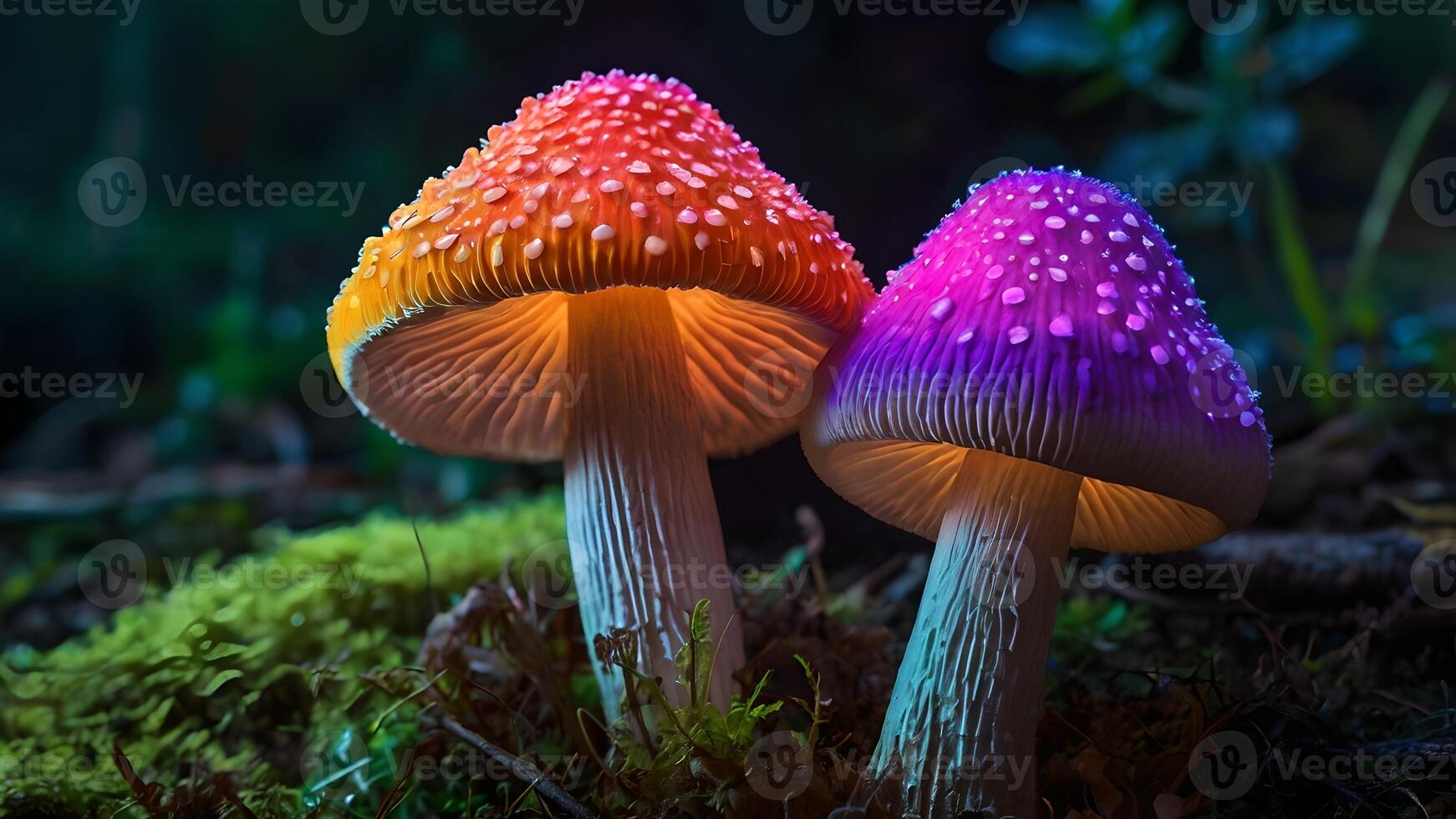 Glowing Neon Mushrooms in Dark Forest photo