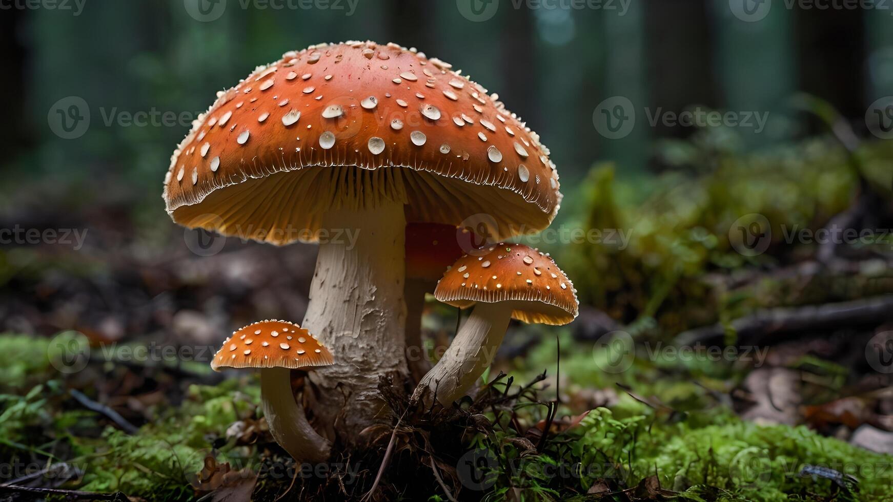 Enchanting Trio of Poisonous Amanita Mushrooms in Forest photo