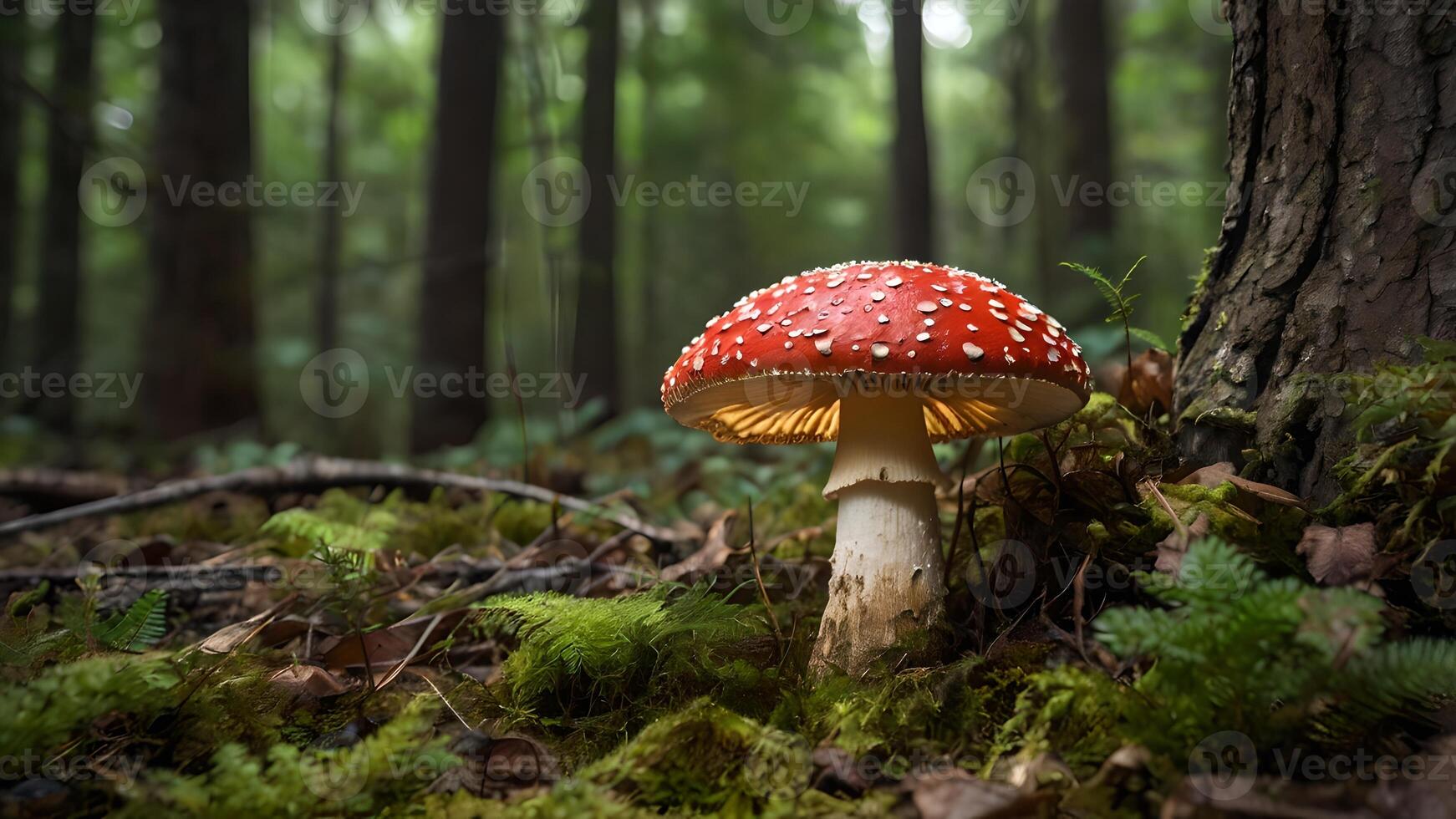 Close Up Of A Enchanting Amanita Muscaria Mushroom in Forest photo