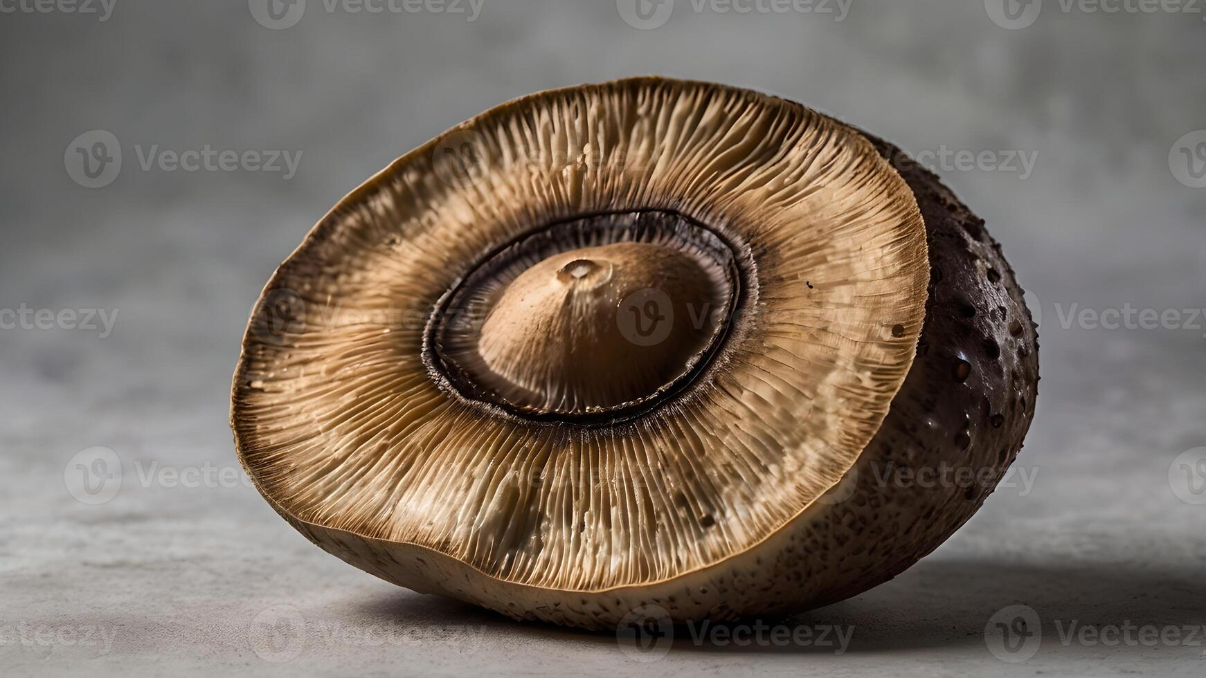 Halved Portobello Mushroom Closeup on Gray Background photo