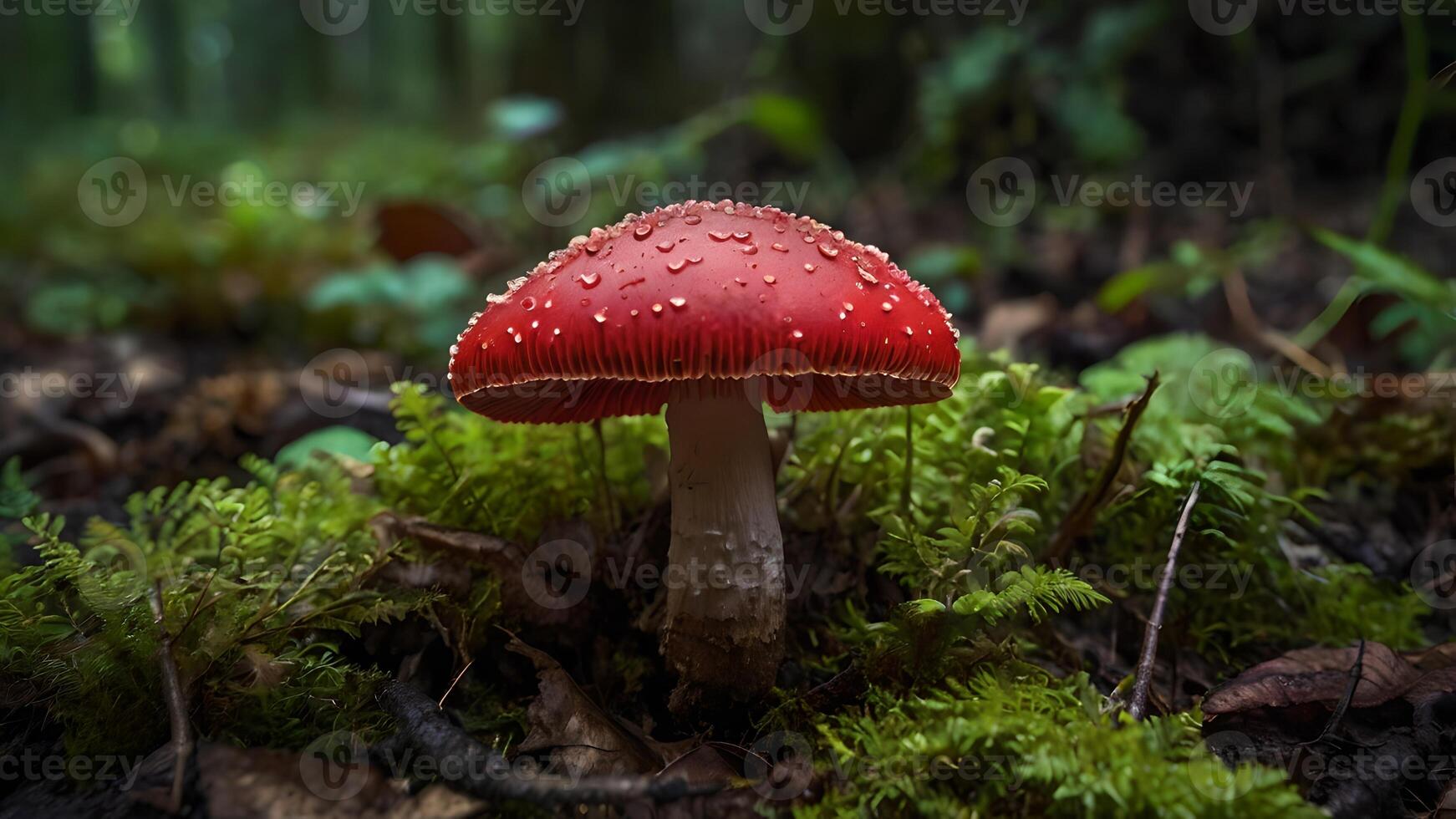 Enchanting Red Mushroom in Mossy Forest photo