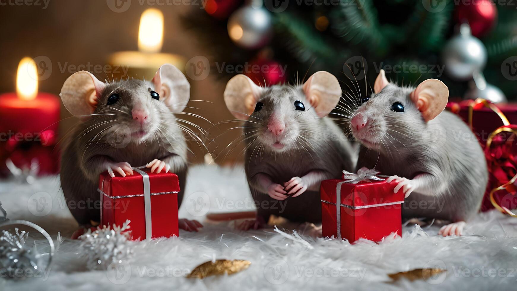 Three Adorable Fancy Rats Decorating For Christmas With Presents photo