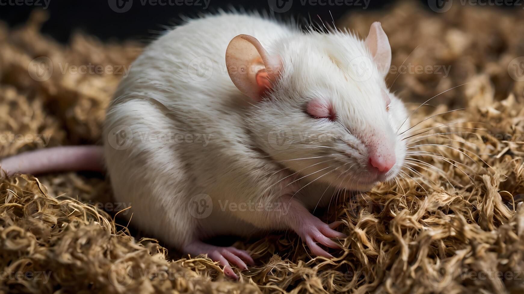 White Rat Sleeping Peacefully in a Nest of Brown Hay photo
