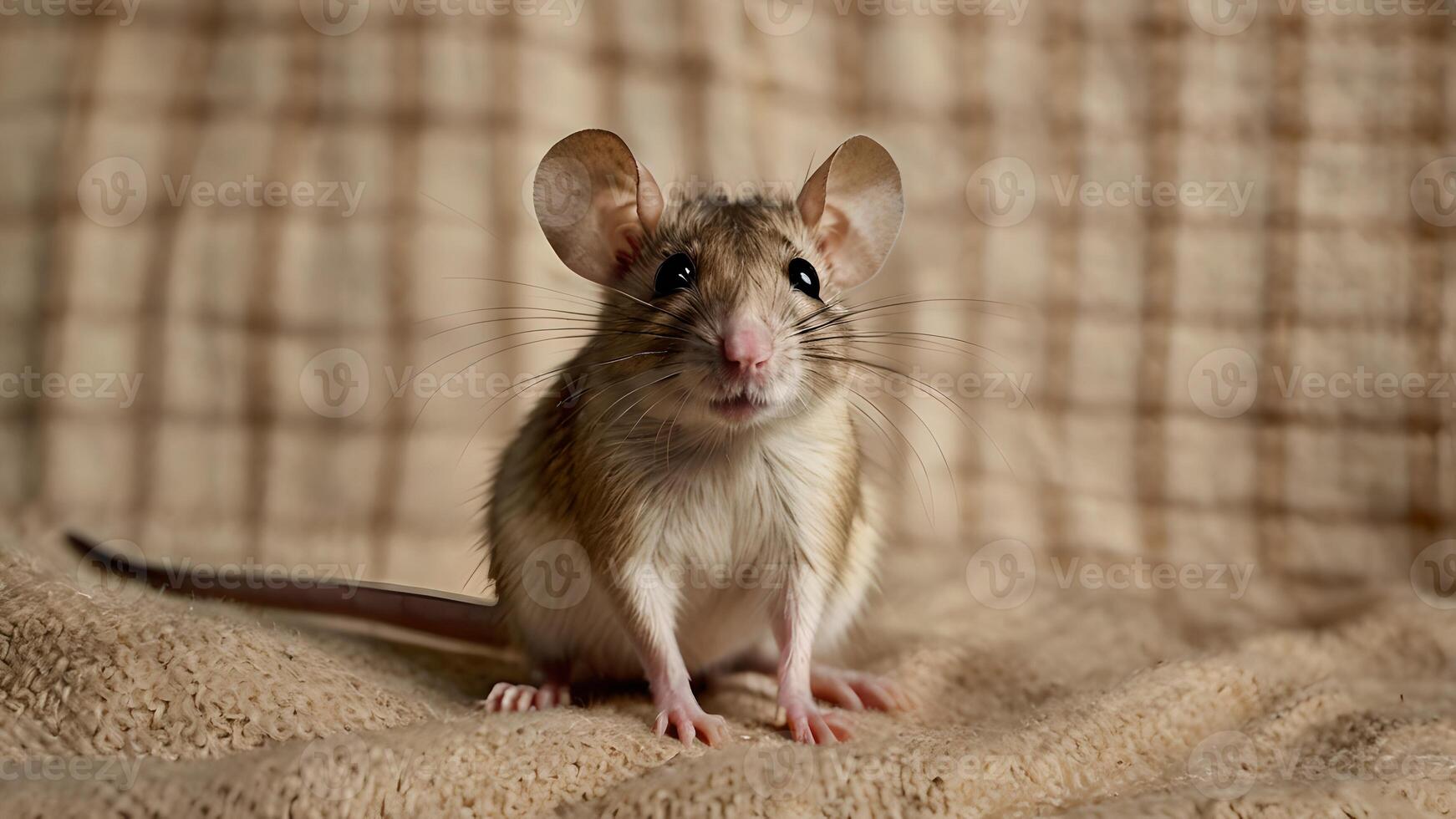 Adorable Beige Rat Resting on a Textured Plaid Background photo