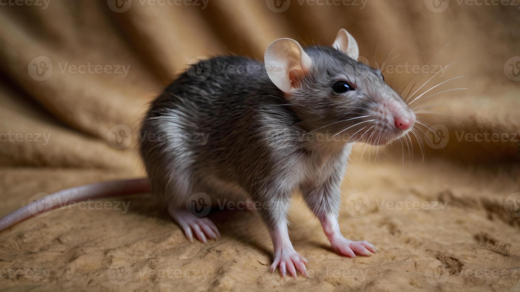 Adorable Grey Rat with White Paws Posing on a Brown Surface photo