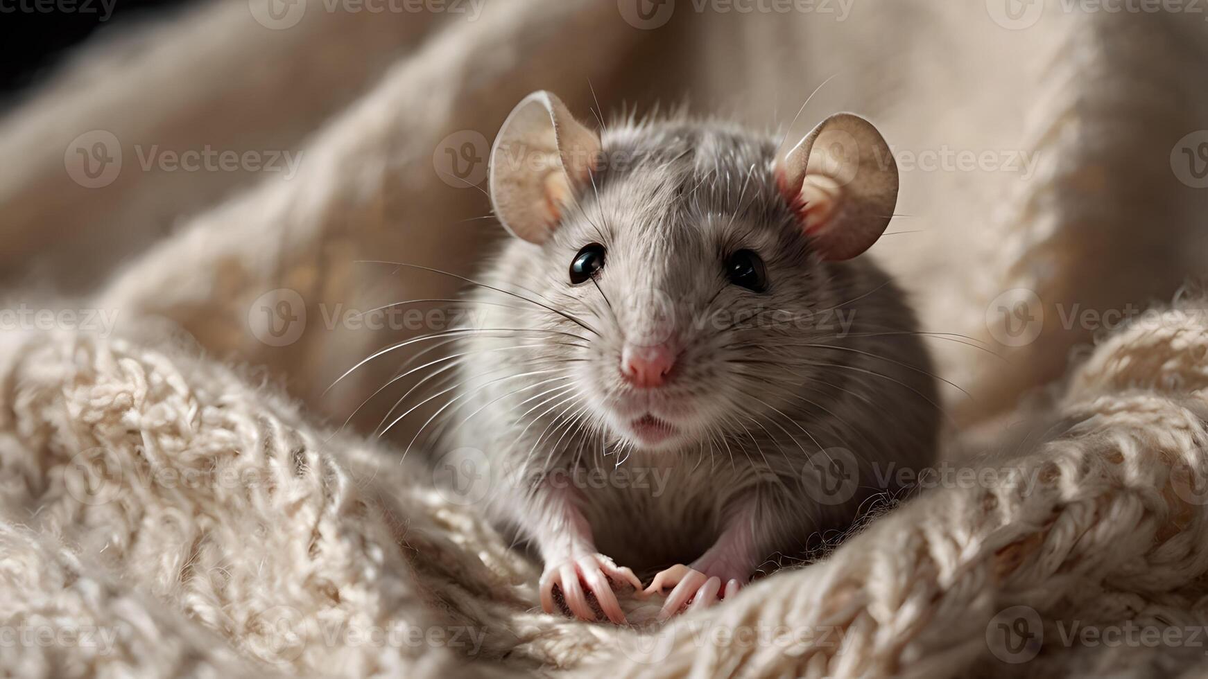 Adorable Small Rat Resting on Soft Knitted Blanket photo