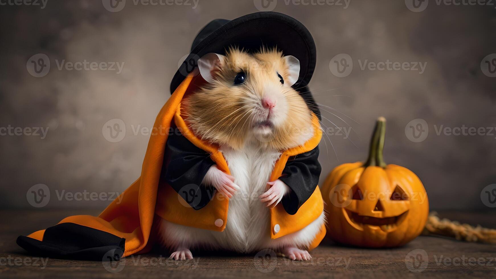 Adorable Hamster Dressed in Halloween Costume with Pumpkin Prop photo
