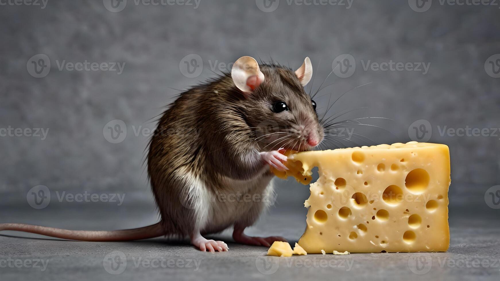 A Cute Rat Enjoying a Delicious Piece of Cheese on a Gray Background photo