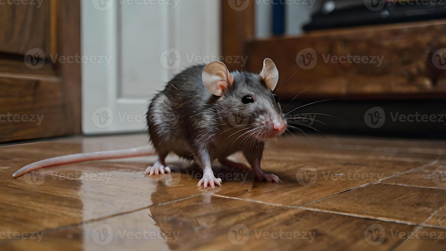 A Curious Rat Exploring a Wooden Floor in a House photo