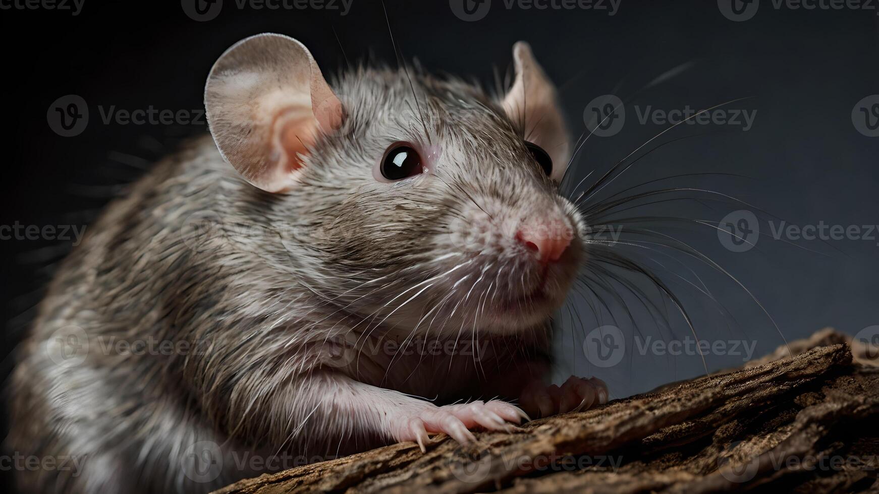 Close Up Portrait of a Cute Pet Rat Sitting on a Tree Branch photo