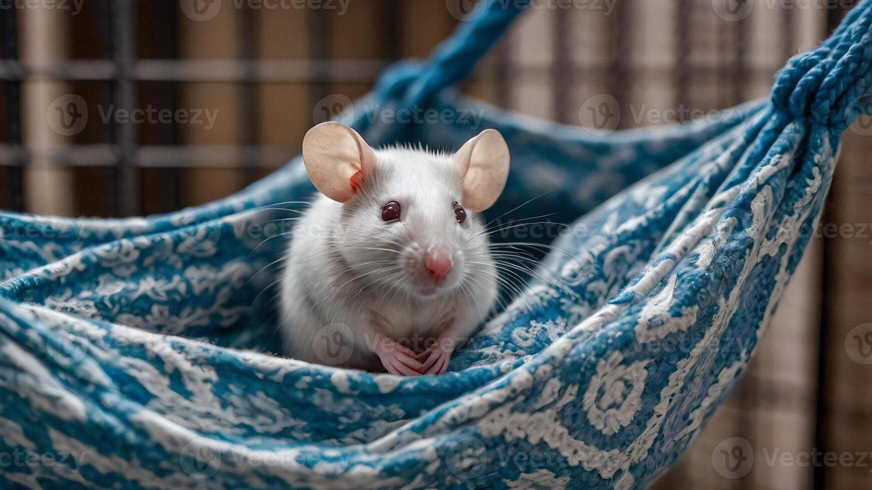 White Pet Rat Relaxing In Blue Hammock Cage photo