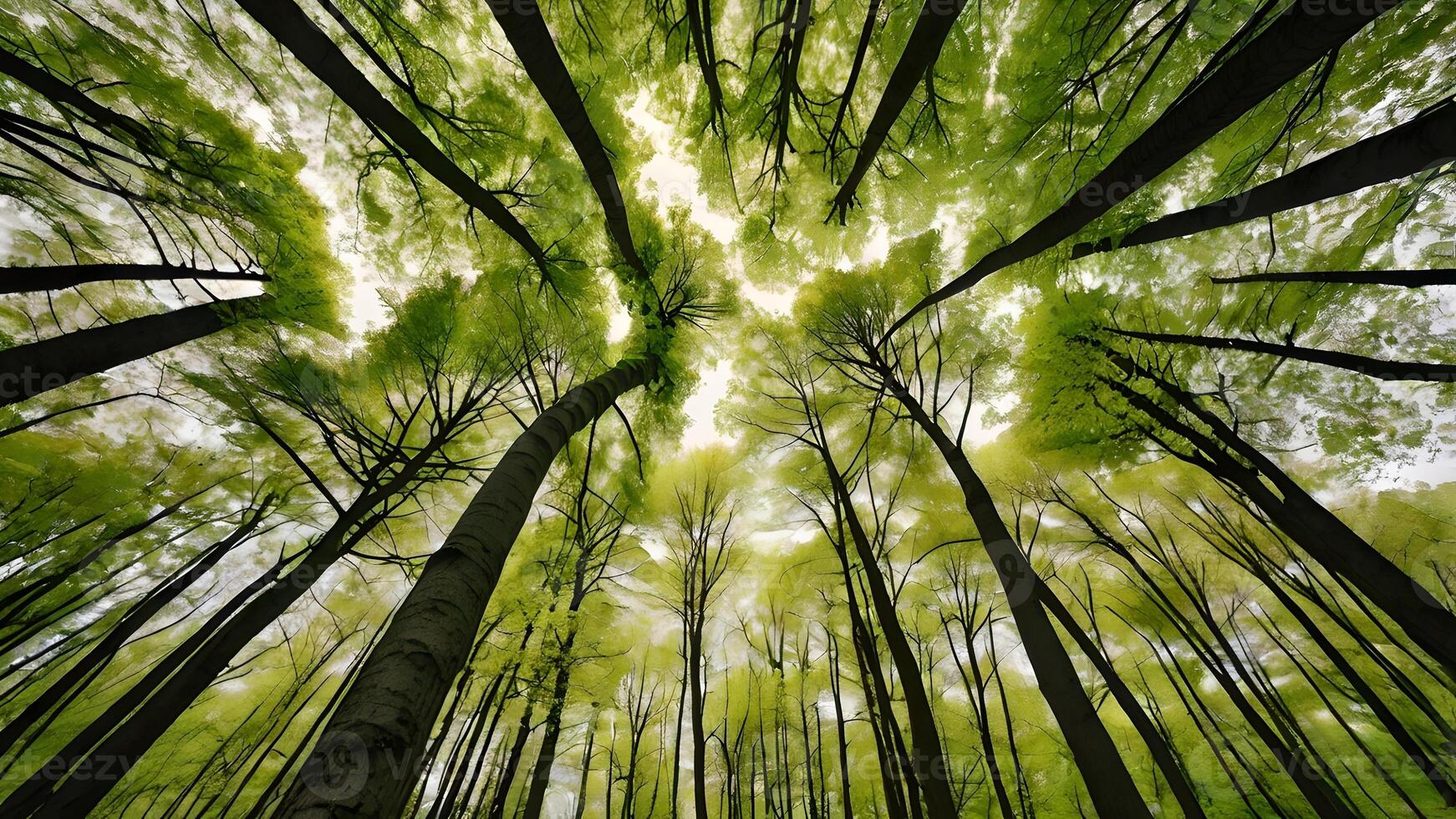 Upward View of Lush Beech Forest in Spring photo