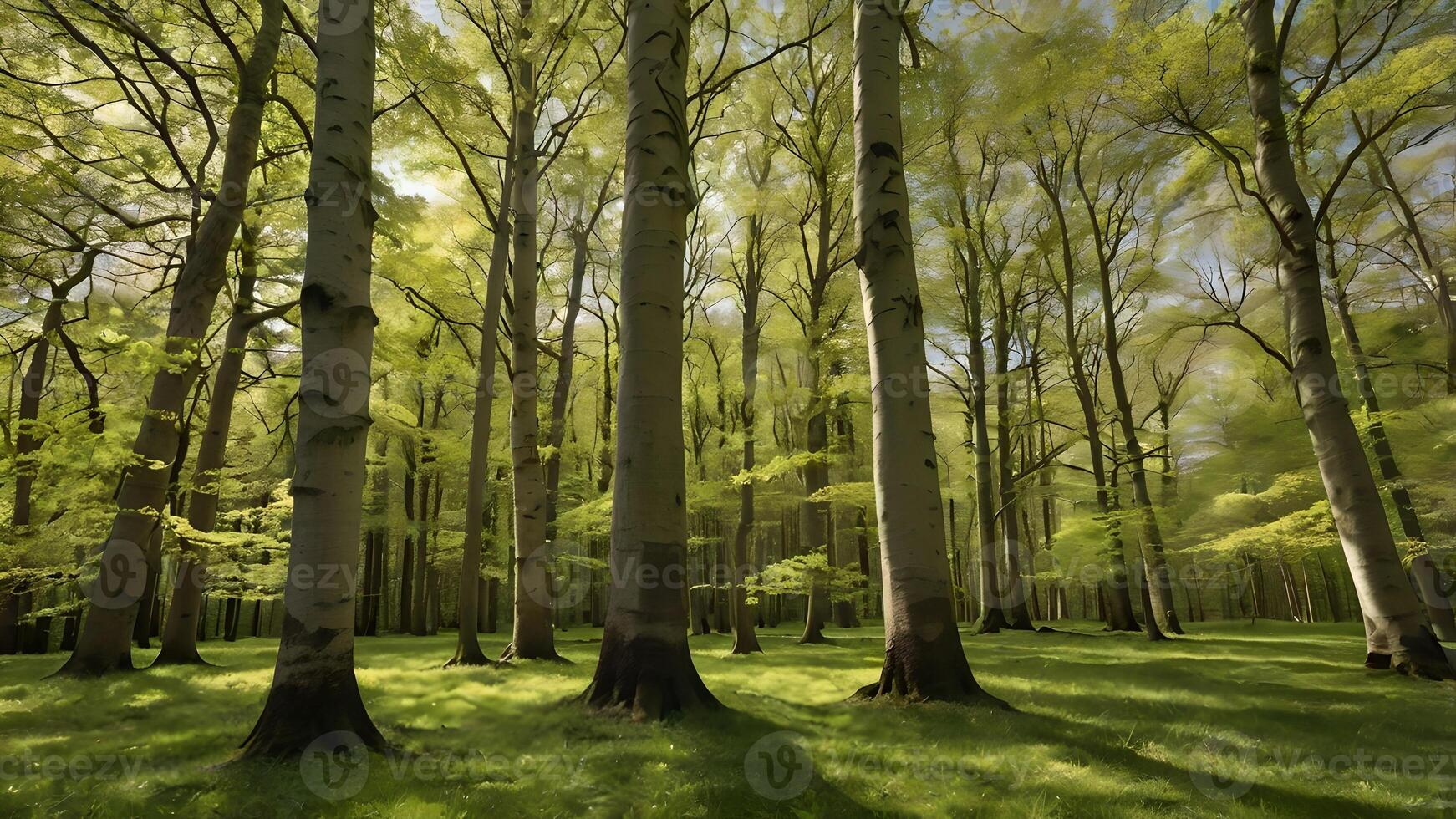 Serene Springtime Beech Forest Sunlight Dappled Canopy photo