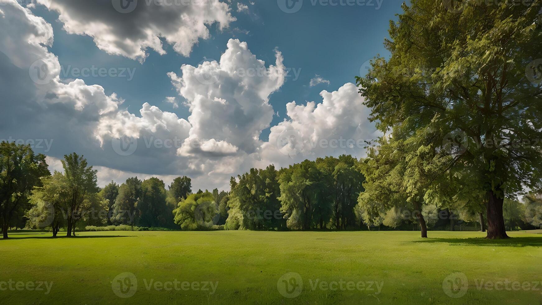 Serene Summer Meadow Park Landscape with Lush Trees and Cloudy Sky photo