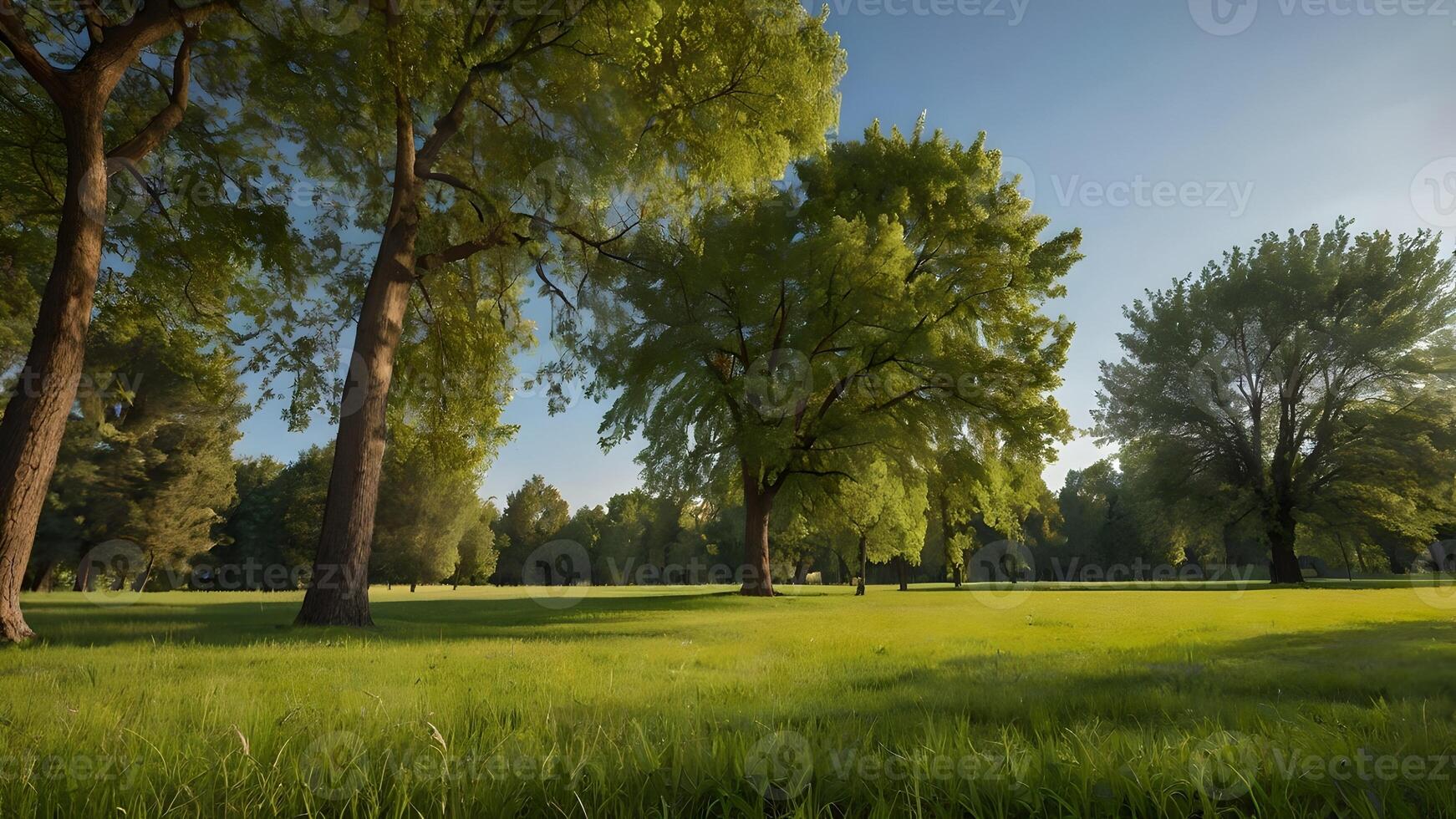 Summer Meadow Park Landscape with Lush Green Trees and Blue Sky photo