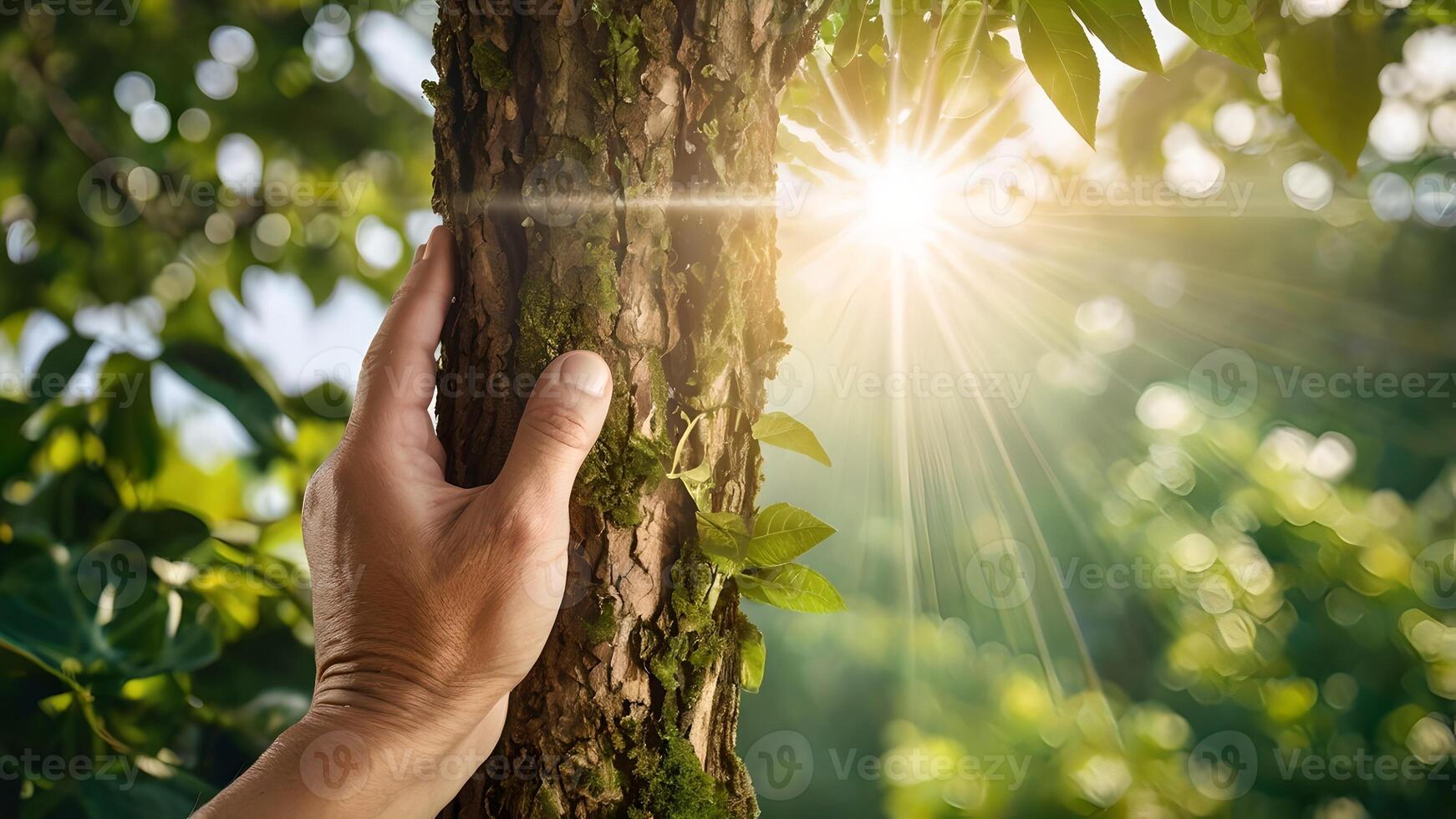 Hand Touching Tree Trunk in Sunlight Nature photo