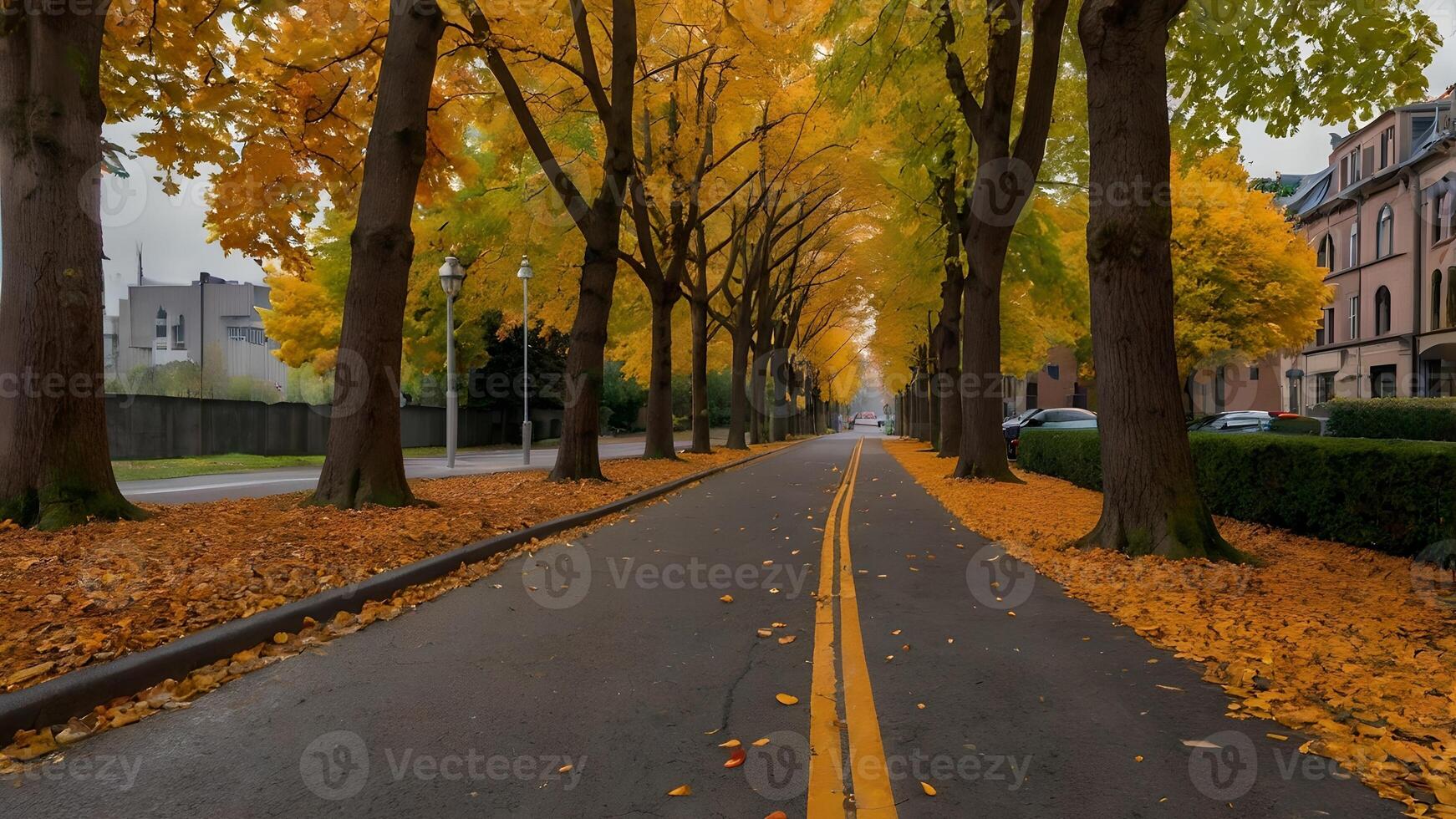 Autumnal Street Lined with Golden Trees photo